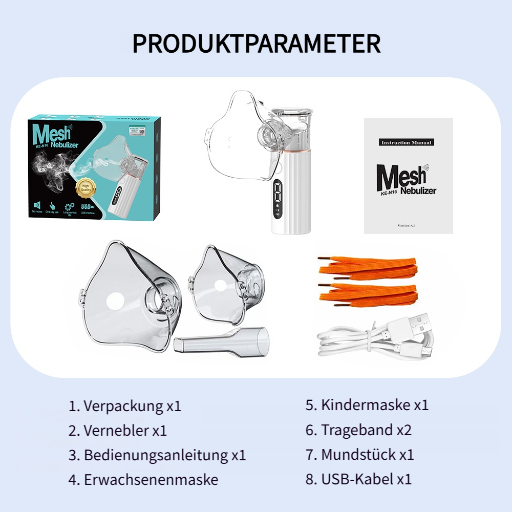 Produktparameter: Mesh KE-N16 Nebulizer mit Zubehör wie Masken, Kabel und Anleitung.