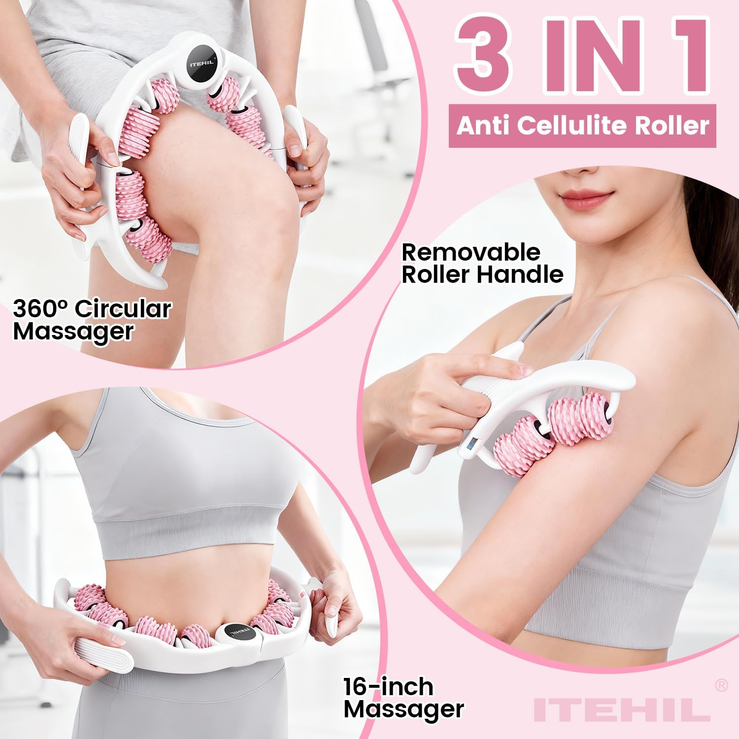 Ein dreiteiliger Anti-Cellulite-Roller wird an Bein, Arm und Taille einer Frau gezeigt.