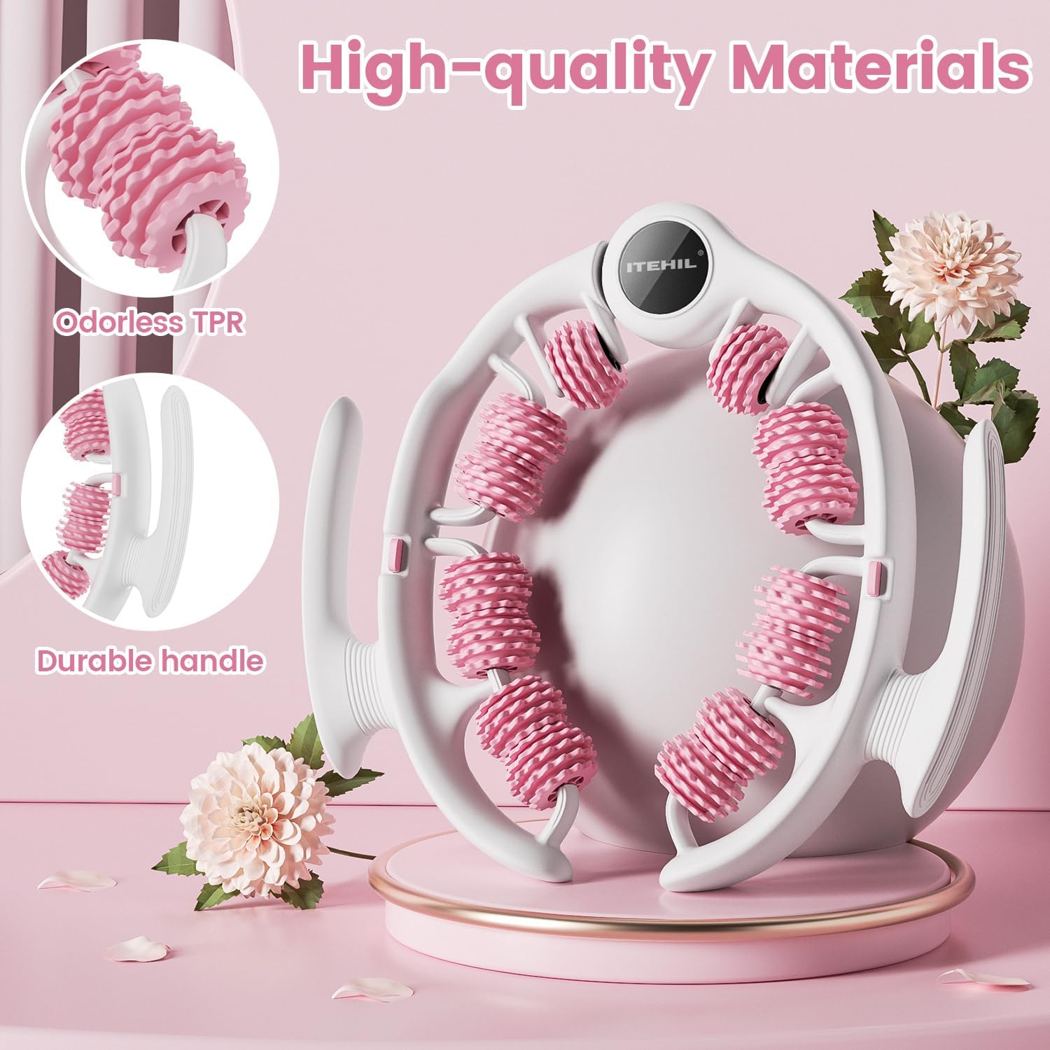 Ein weißes Massagegerät mit rosa Rollen, das auf einem rosa Podest steht. Oben steht 'High-quality Materials'.