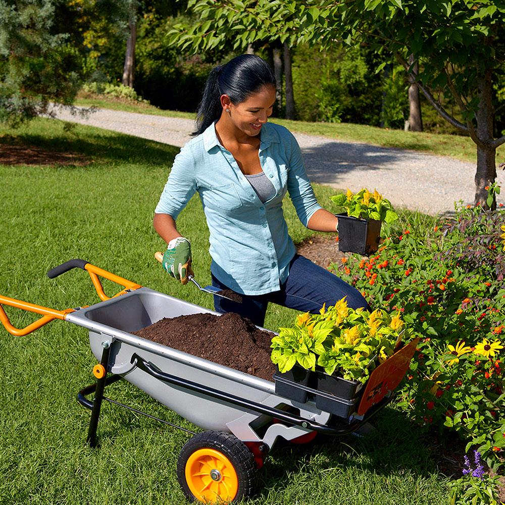 Eine Frau pflanzt im Garten mit Schubkarre und Pflanzen.