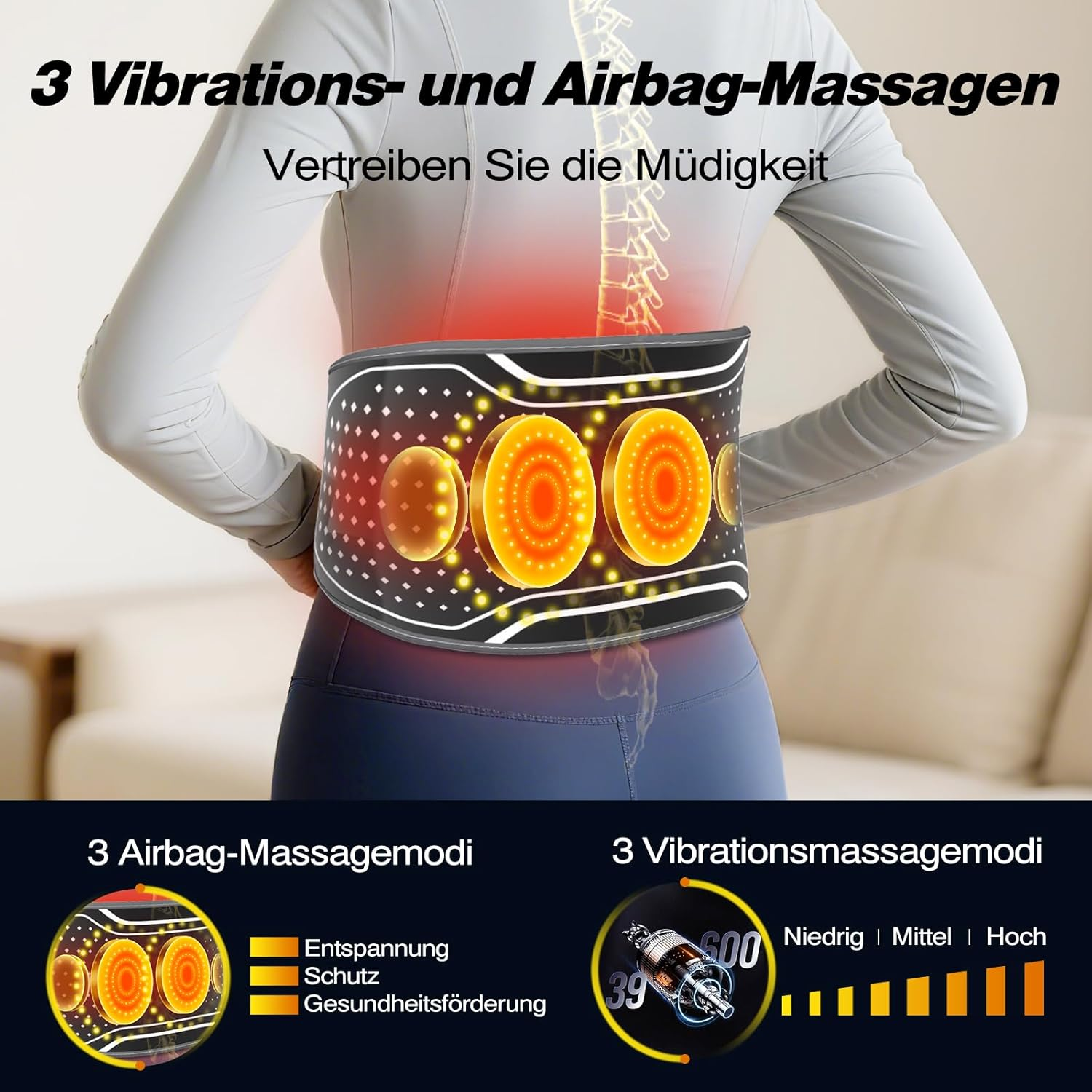Person mit Massagegürtel am Rücken, mit Modi-Anzeige.