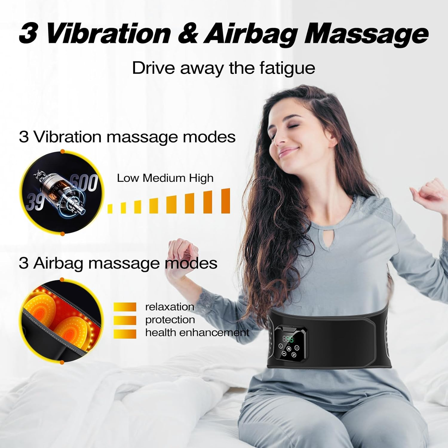 Frau entspannt sich mit Massagegürtel mit 3 Vibrations- und 3 Airbag-Modi.