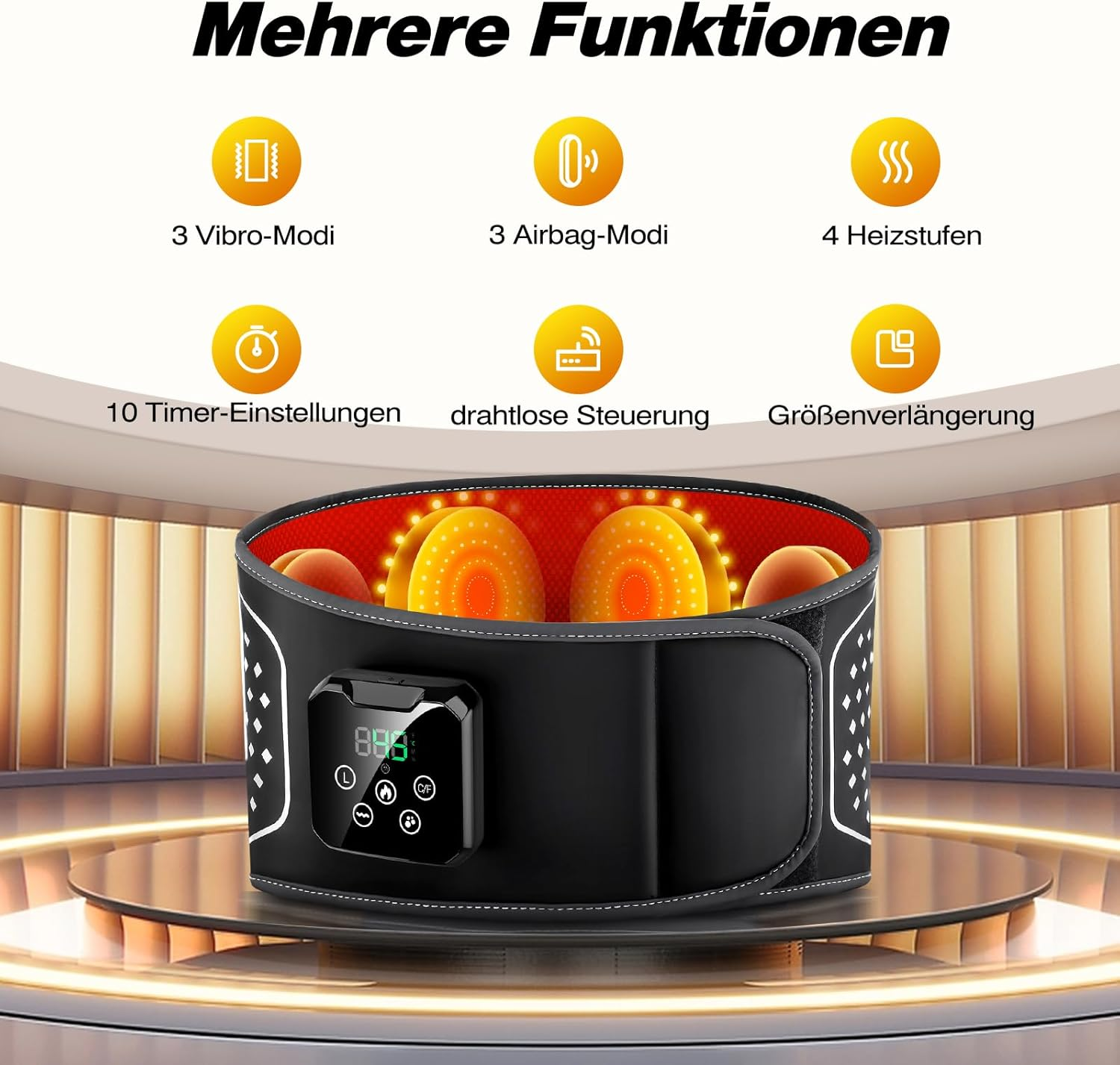 Ein schwarzer Massagegurt mit Funktionen wie Vibration, Airbag, Heizung und Timer.