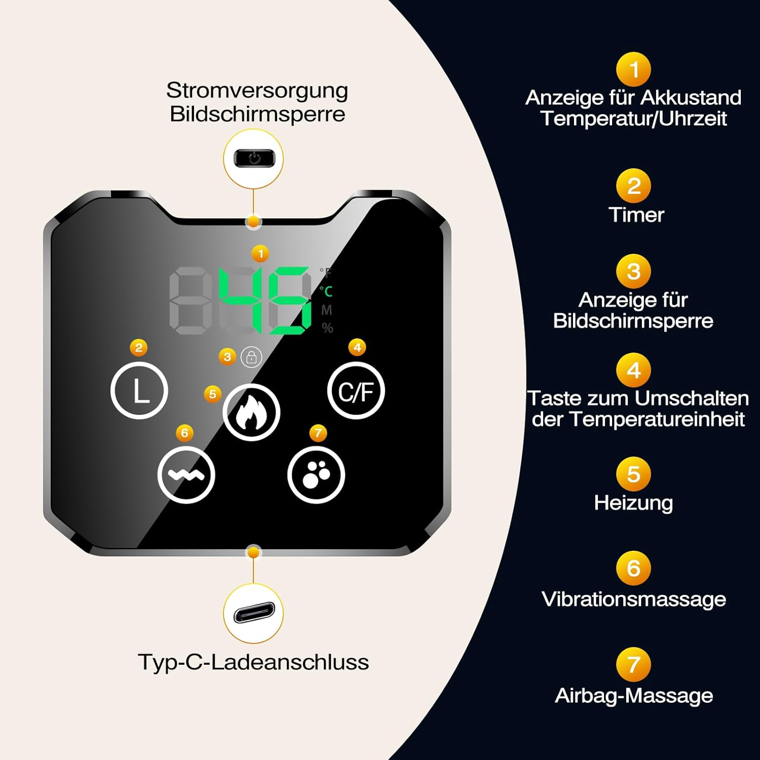 Display zeigt 84.5, Akku, Timer, Heizung, Vibration und Airbag Massage.