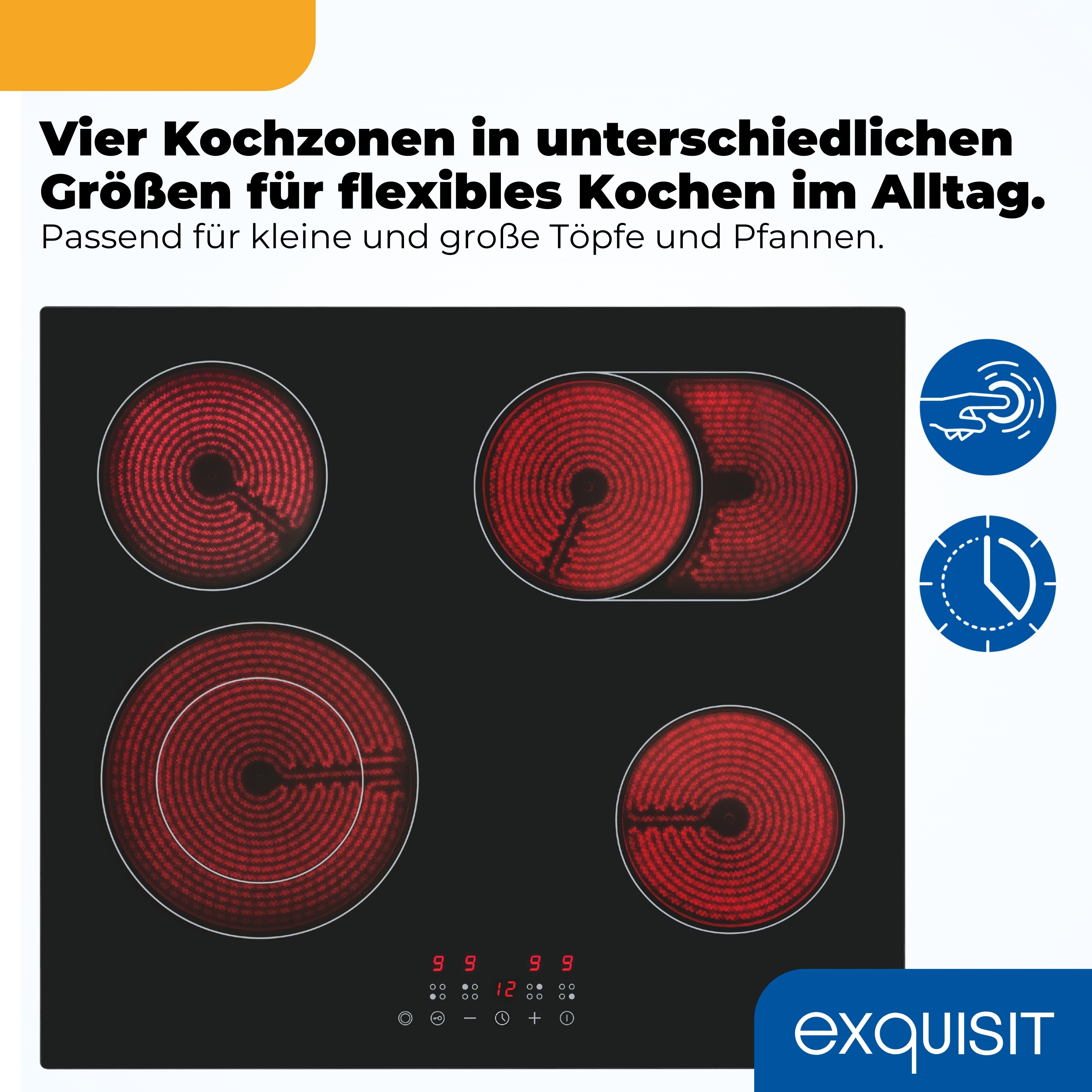 Ein schwarzes Kochfeld mit vier runden roten Heizzonen und digitaler Anzeige.