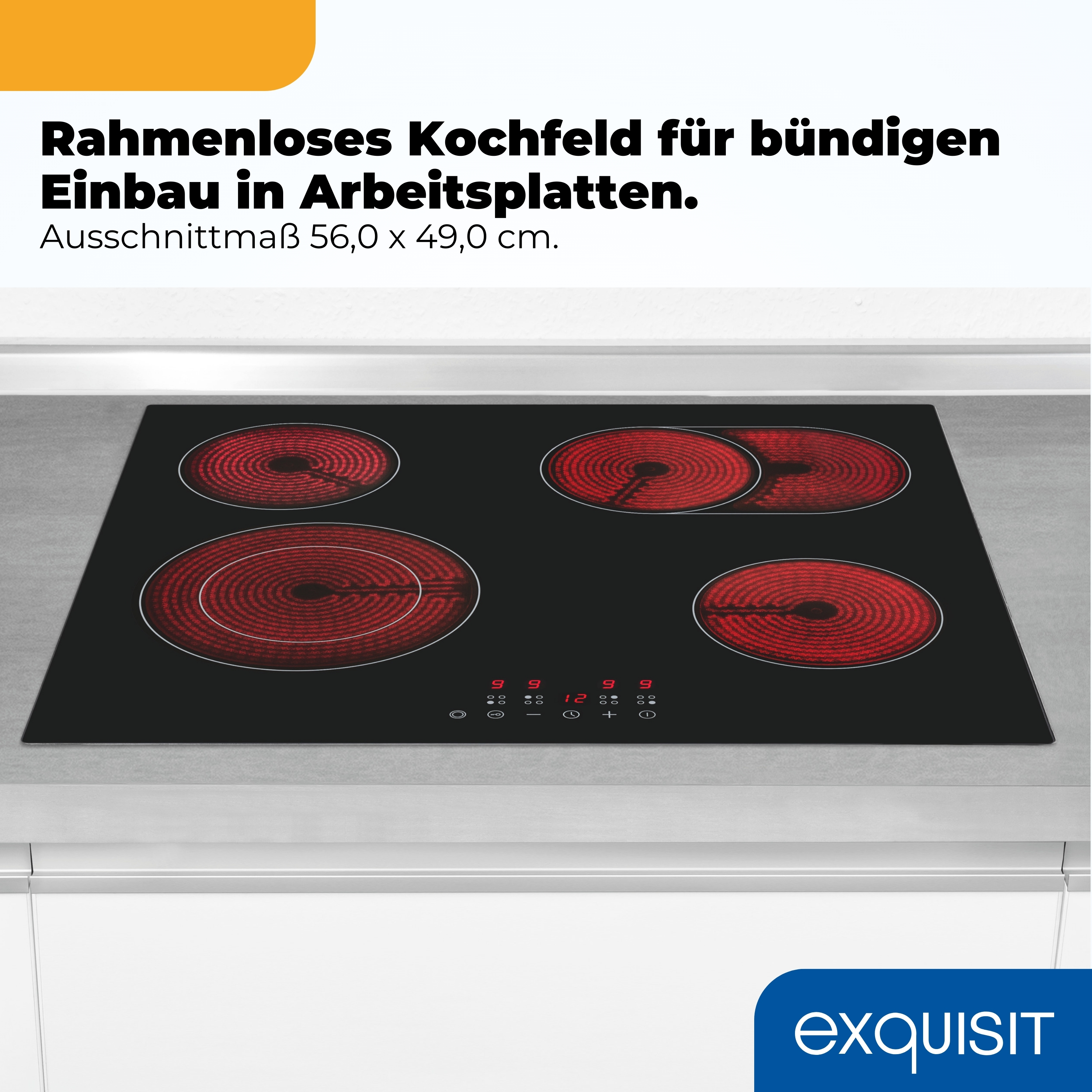 Ein schwarzes Kochfeld mit vier roten Heizzonen und digitaler Anzeige.