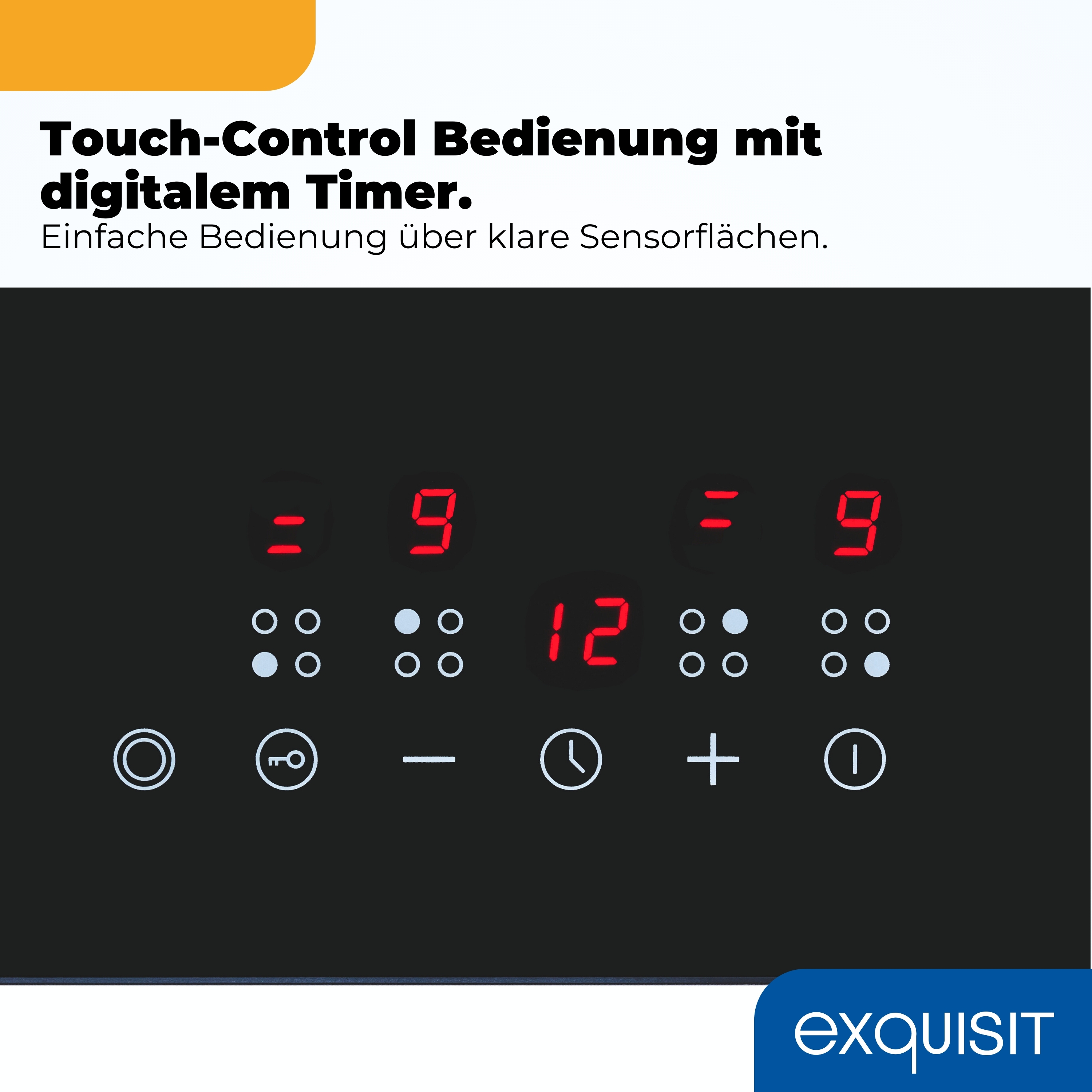 Ein schwarzes Bedienfeld mit rotem Digitaldisplay und Touch-Bedienelementen.