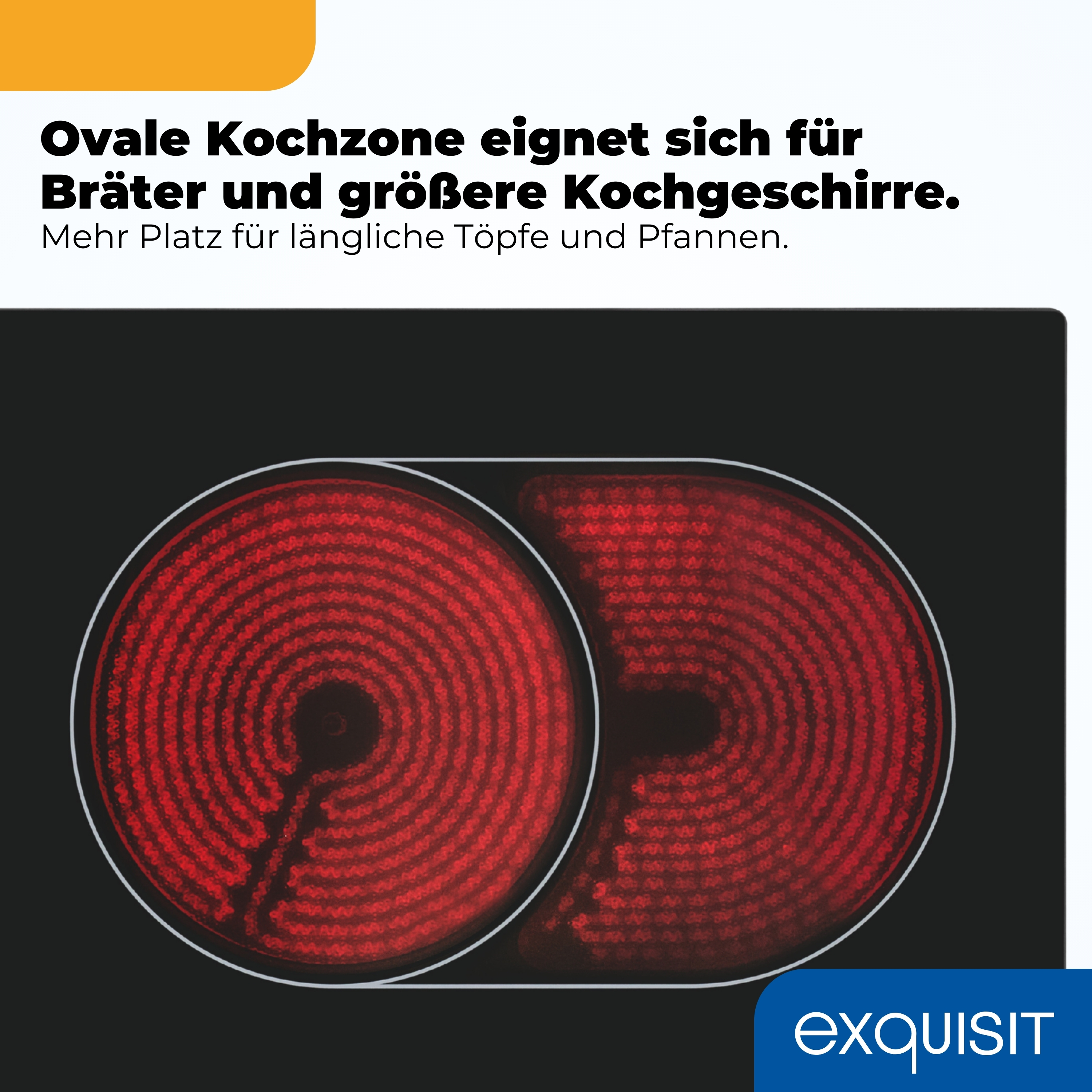 Zwei runde, rote Kochzonen auf schwarzem Ceranfeld, eine oval.