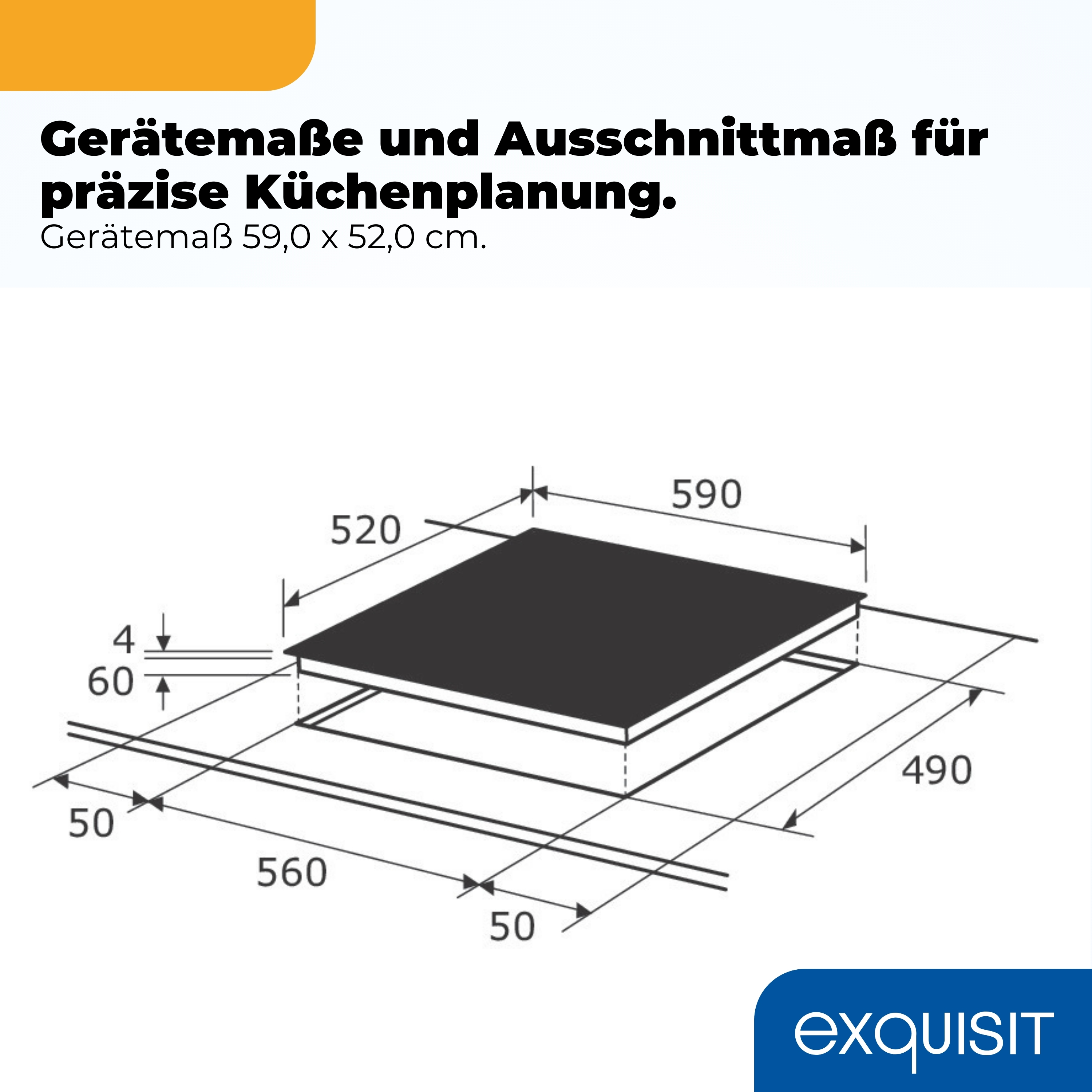 Technische Zeichnung eines Kochfelds mit Maßen: 59,0 x 52,0 cm.
