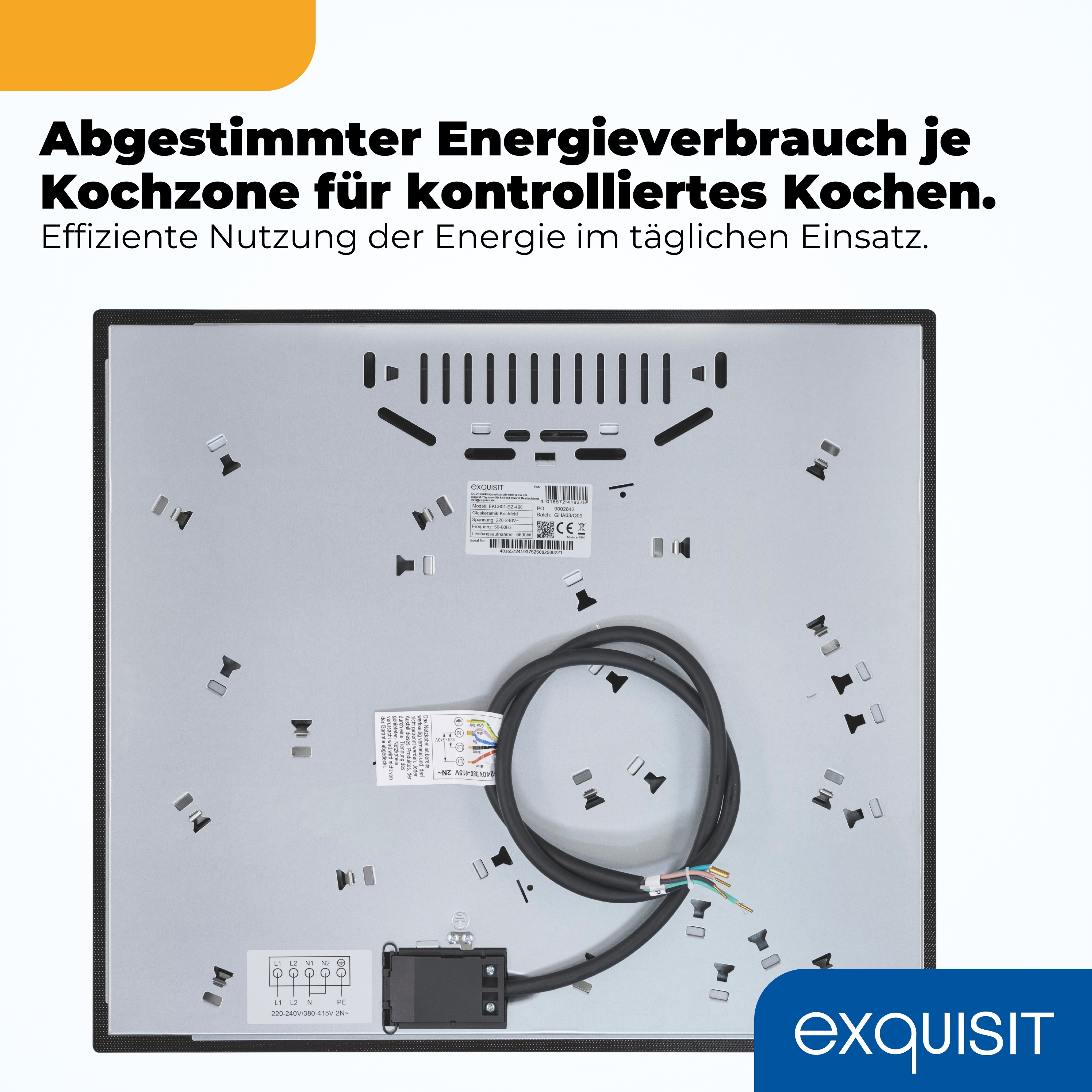 Rückseite eines Kochfeldes mit Anschlusskabel und Typenschild.