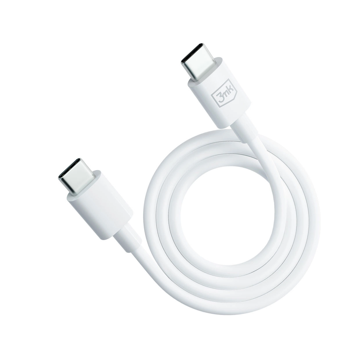 Un cavo USB-C bianco arrotolato con due connettori su sfondo bianco.