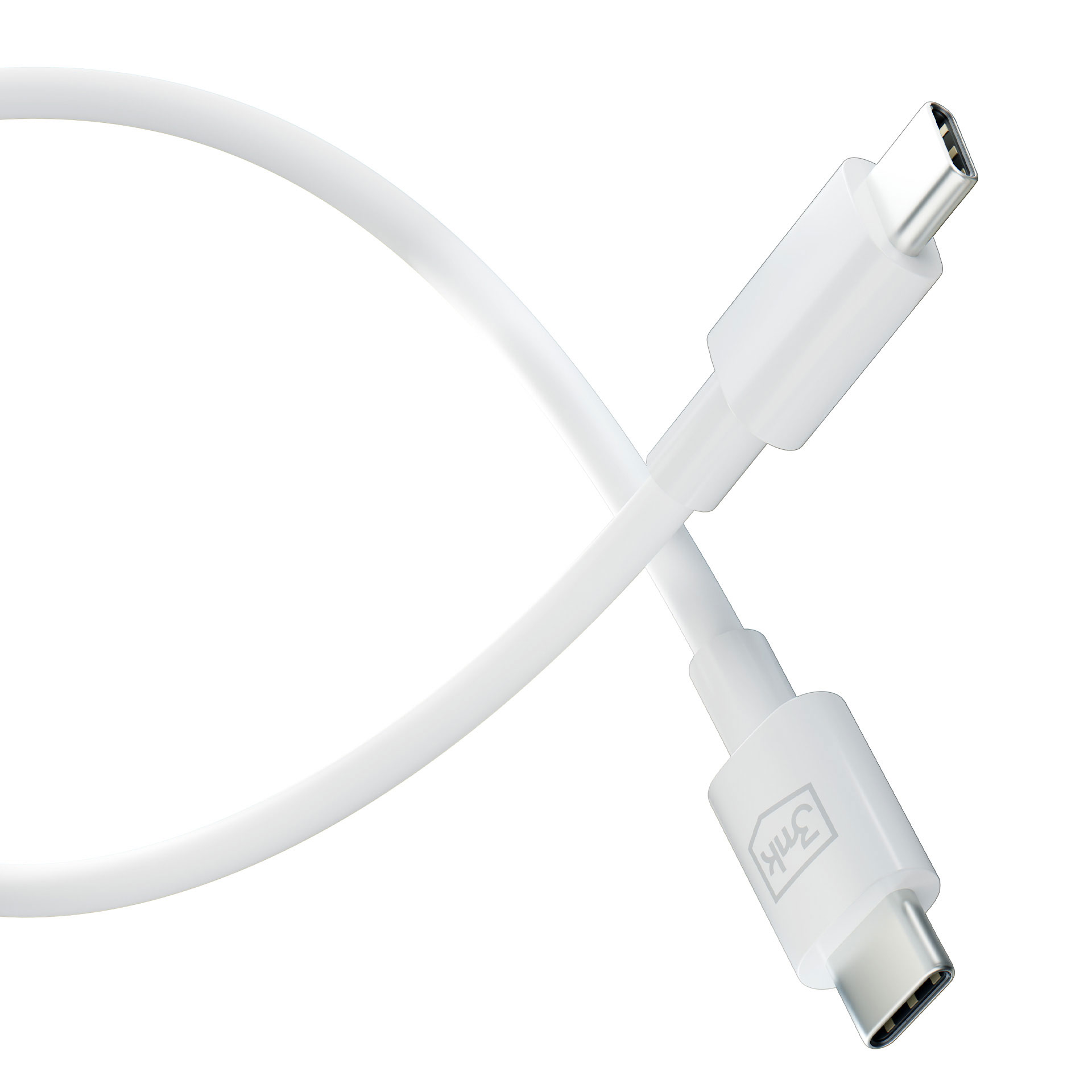 Un cavo USB-C bianco con connettori incrociati. Una spina è visibile a sinistra.
