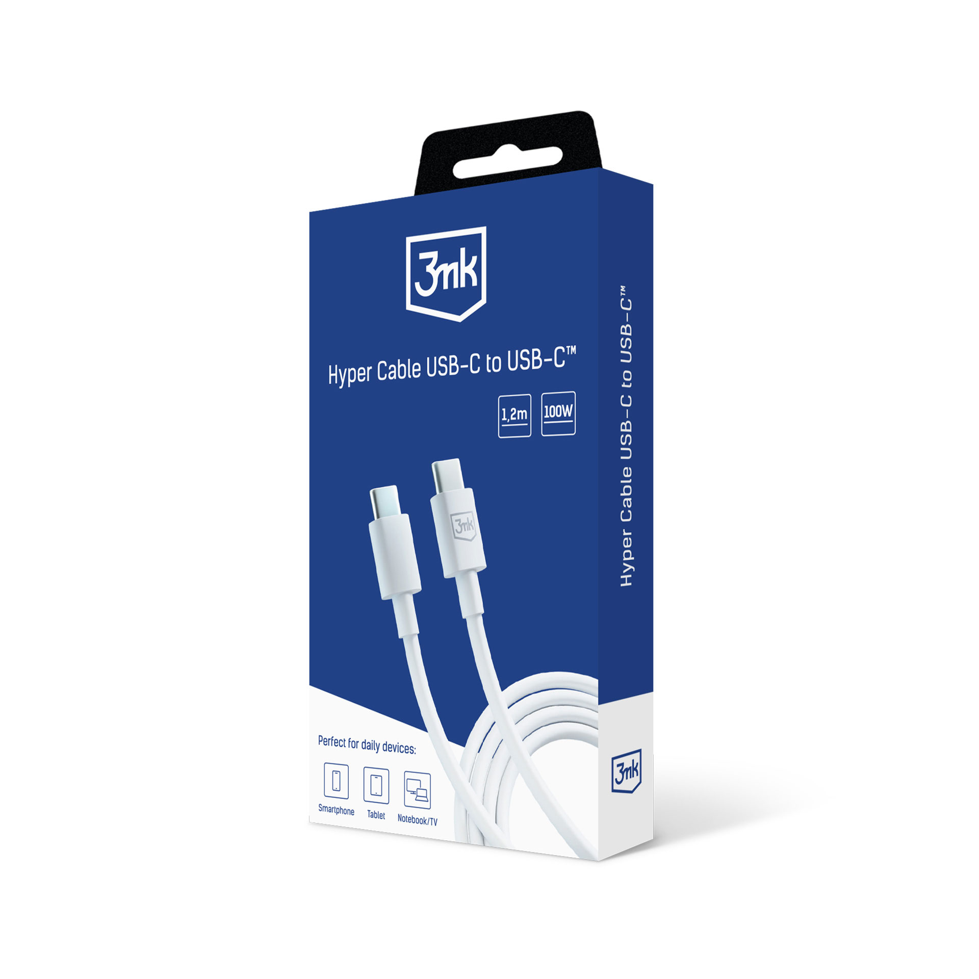 Scatola di un cavo Hyper USB-C a USB-C bianco, 1,2m, 100W.