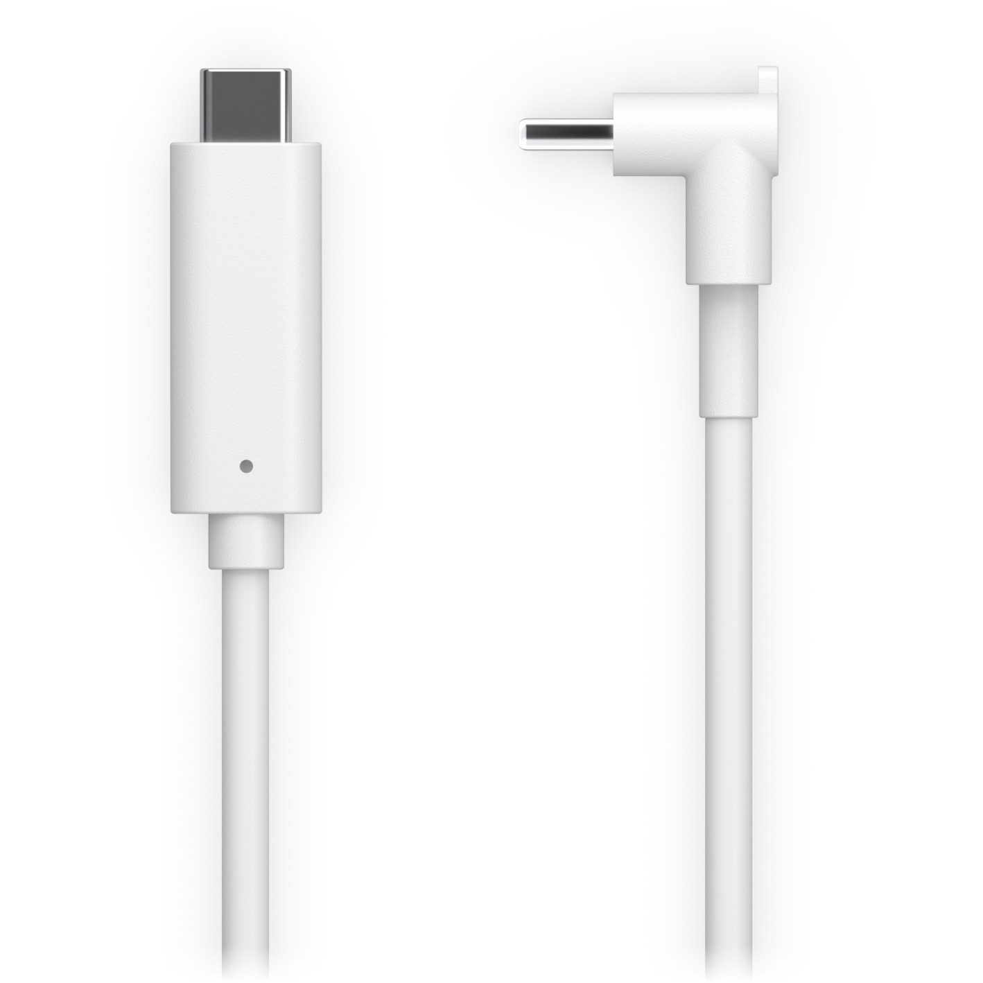 Cavo USB-C bianco con connettori dritti e ad angolo retto.