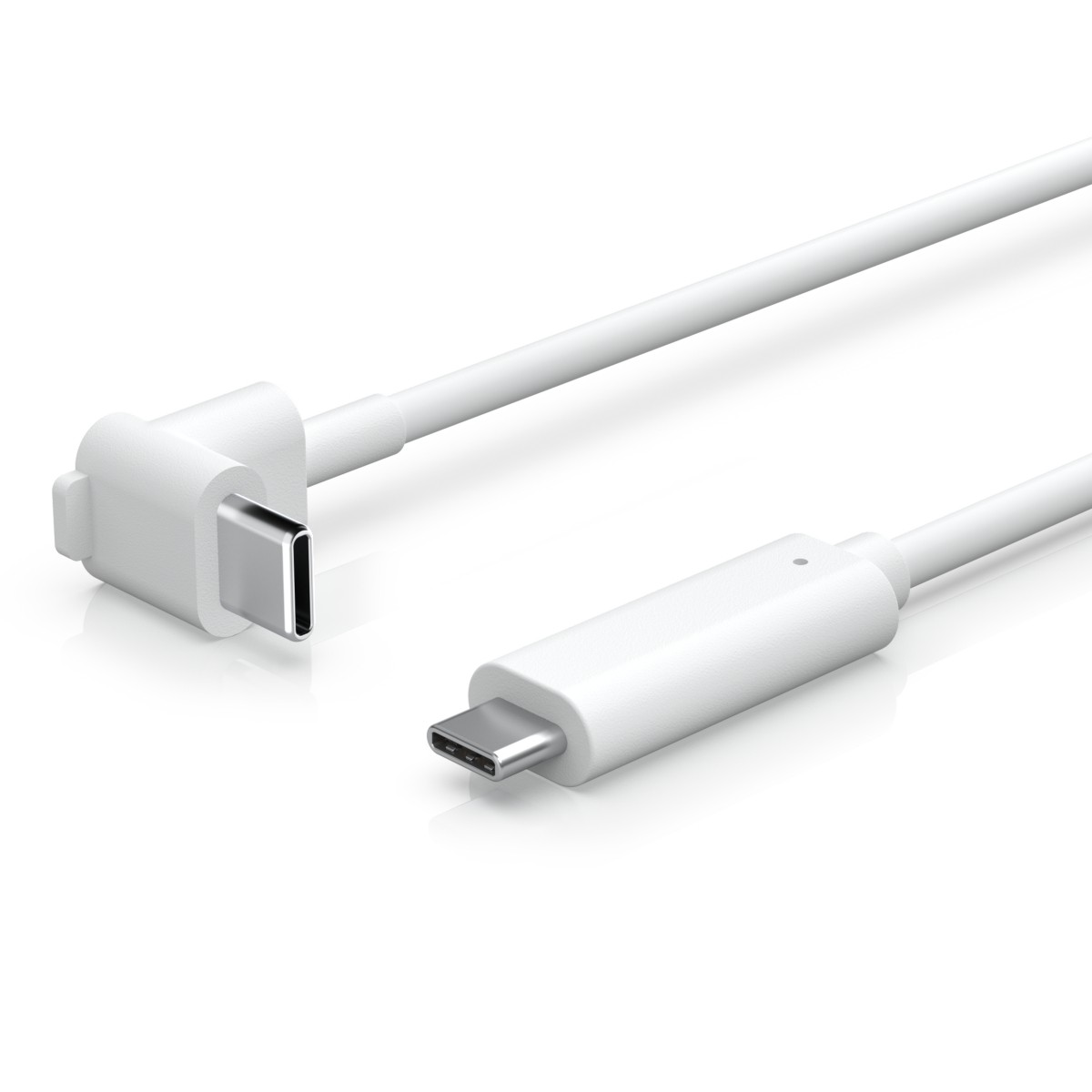 Un cavo USB-C bianco con due connettori, uno ad angolo retto.