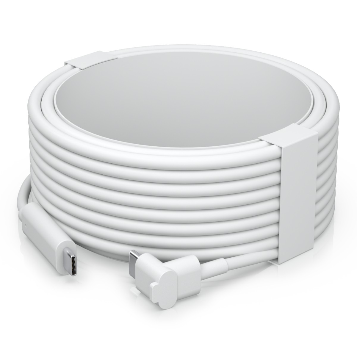 Cavo USB-C bianco arrotolato, un'estremità con connettore USB-C, l'altra con connettore ad angolo.