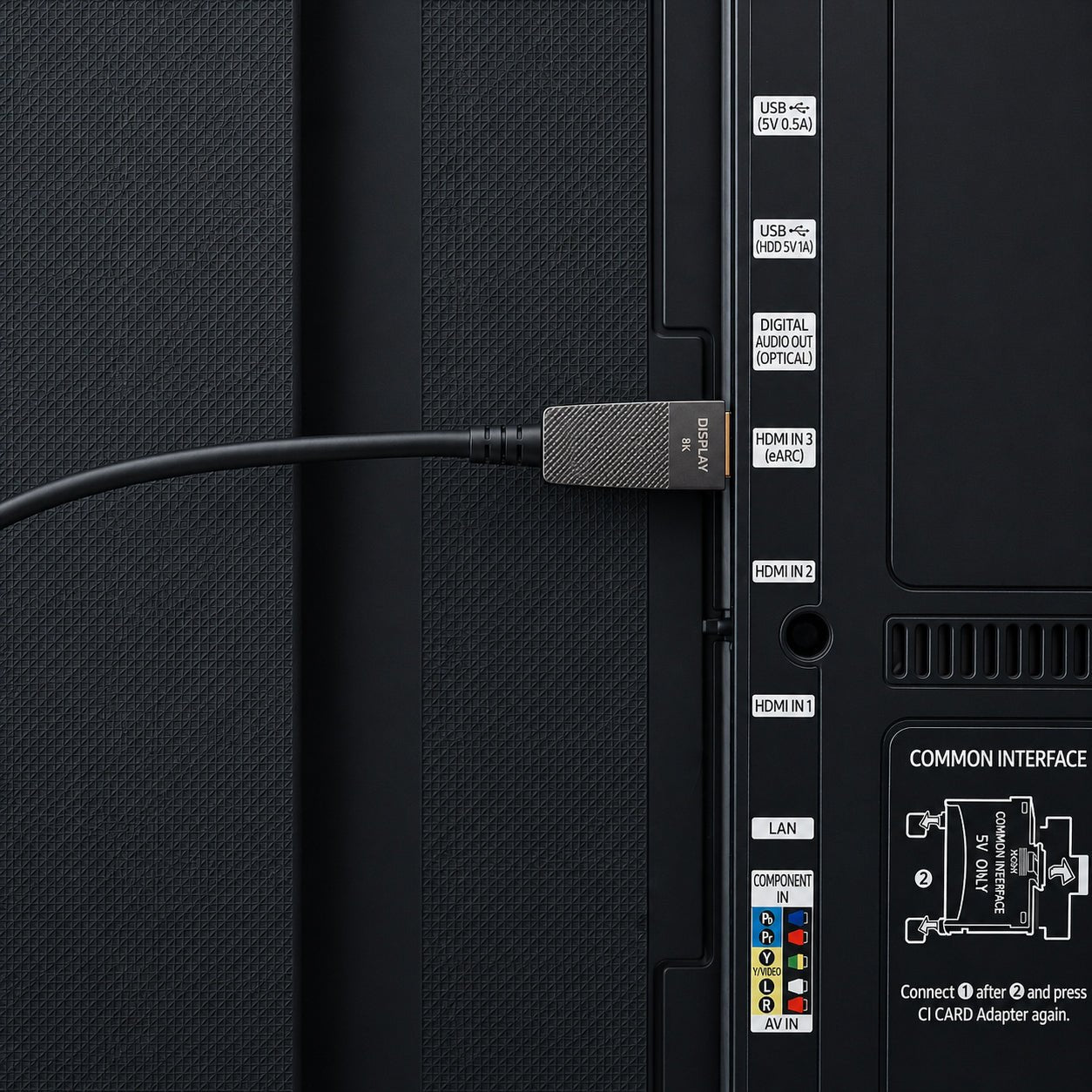 Ein HDMI-Kabel ist in den Anschluss "DISPLAY 8K" an der Rückseite eines Fernsehers eingesteckt.