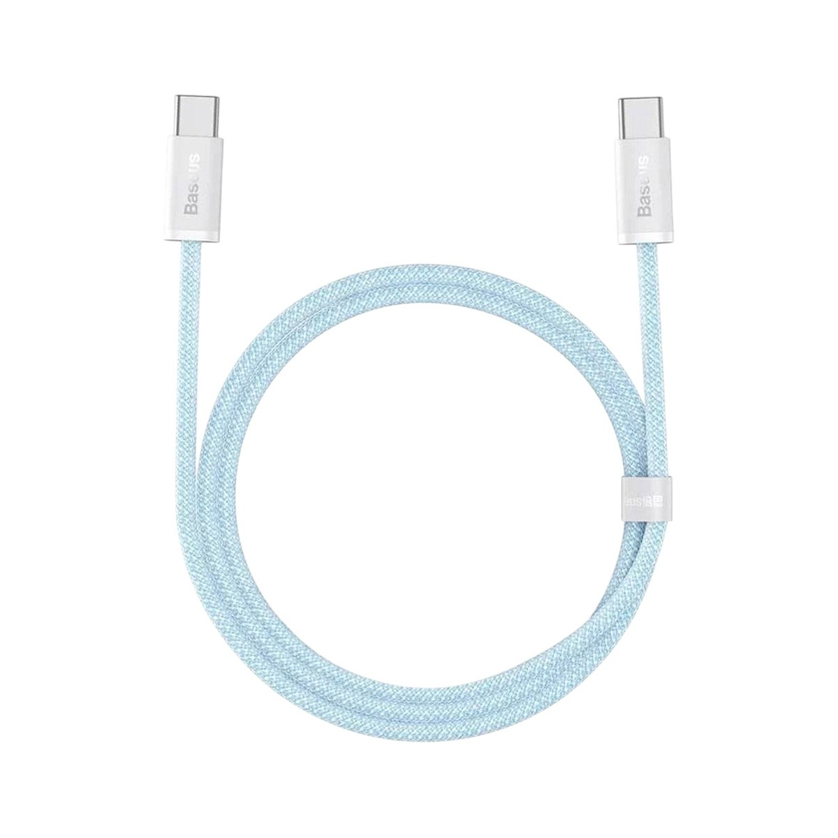 Un cavo USB-C azzurro con connettori argentati, su sfondo bianco.