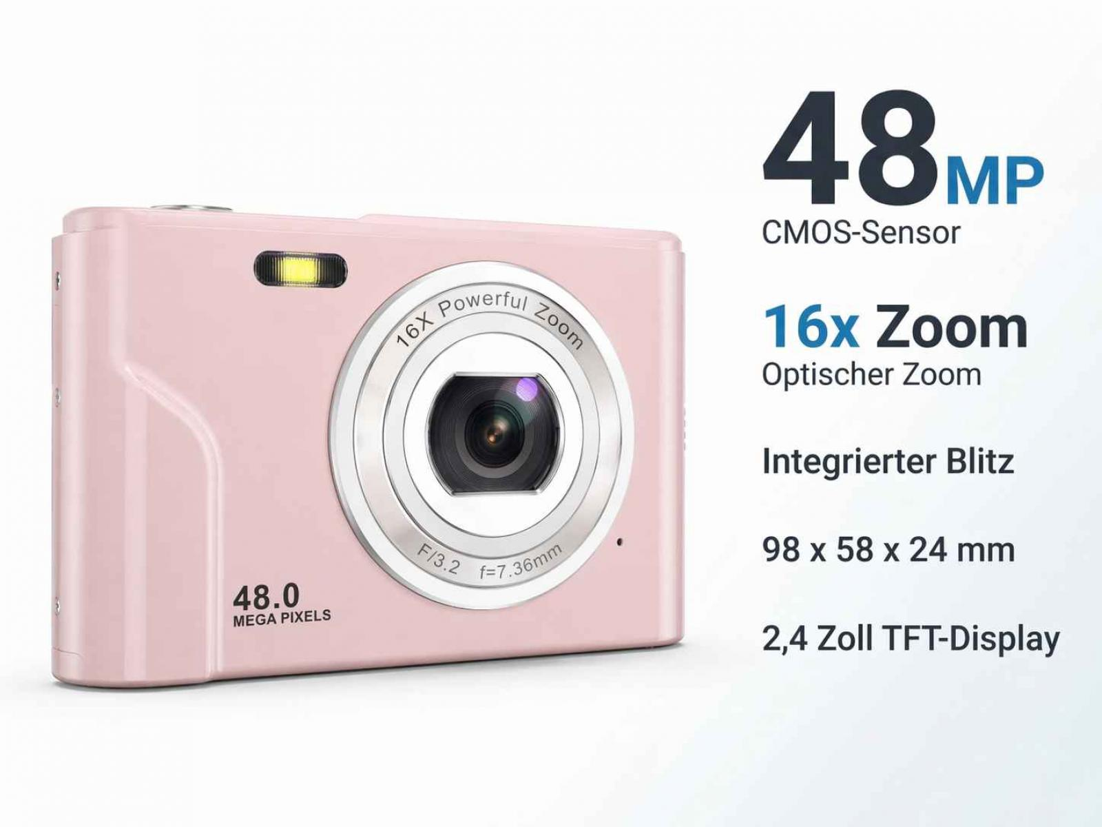 Eine rosafarbene Digitalkamera mit 48 MP und 16-fachem Zoom.