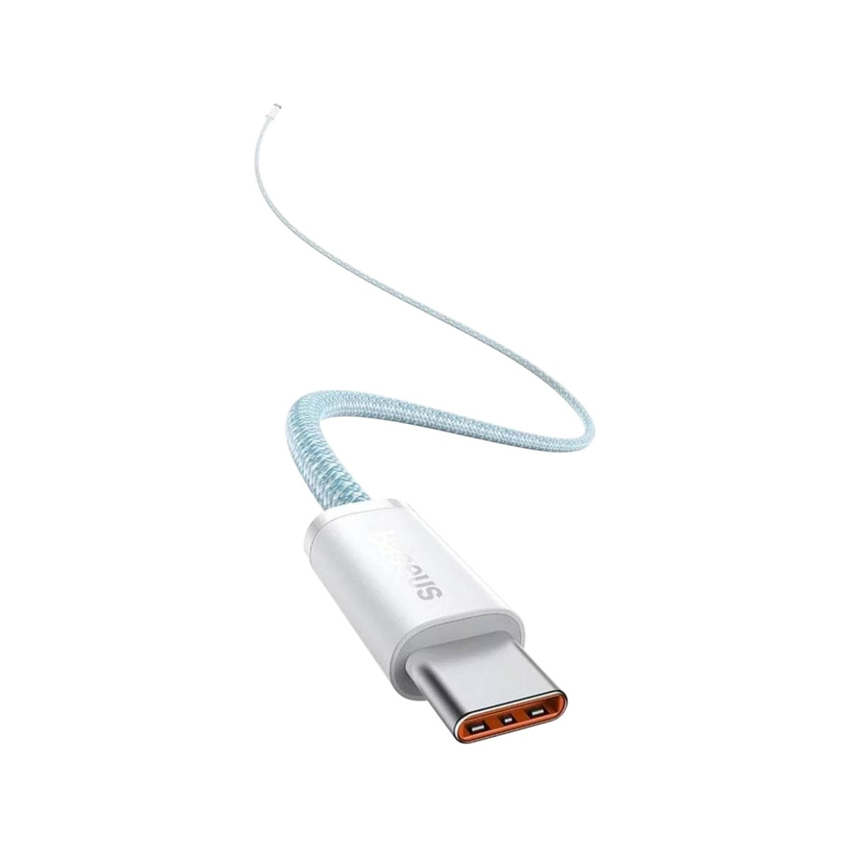 Un cavo USB-C bianco con treccia blu si curva verso l'alto su sfondo bianco.