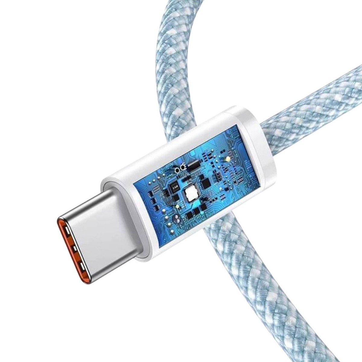 Un cavo USB-C con connettore argentato e design a circuito blu.