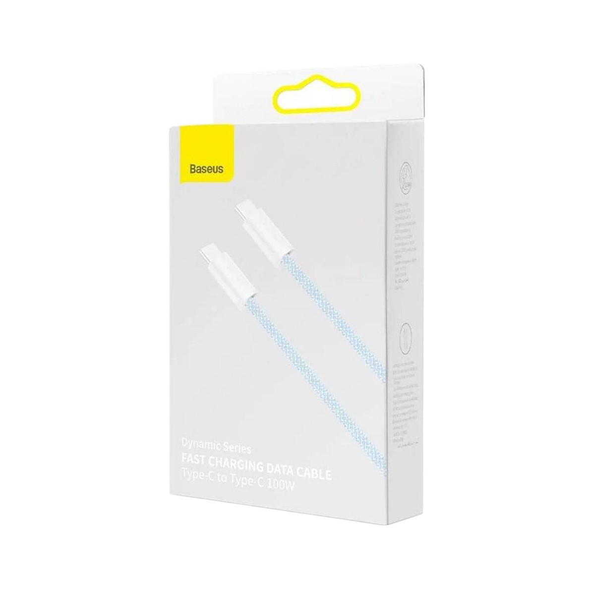 Cavo di ricarica rapida Baseus da Type-C a Type-C 100W, a quadri blu, su scatola bianca.