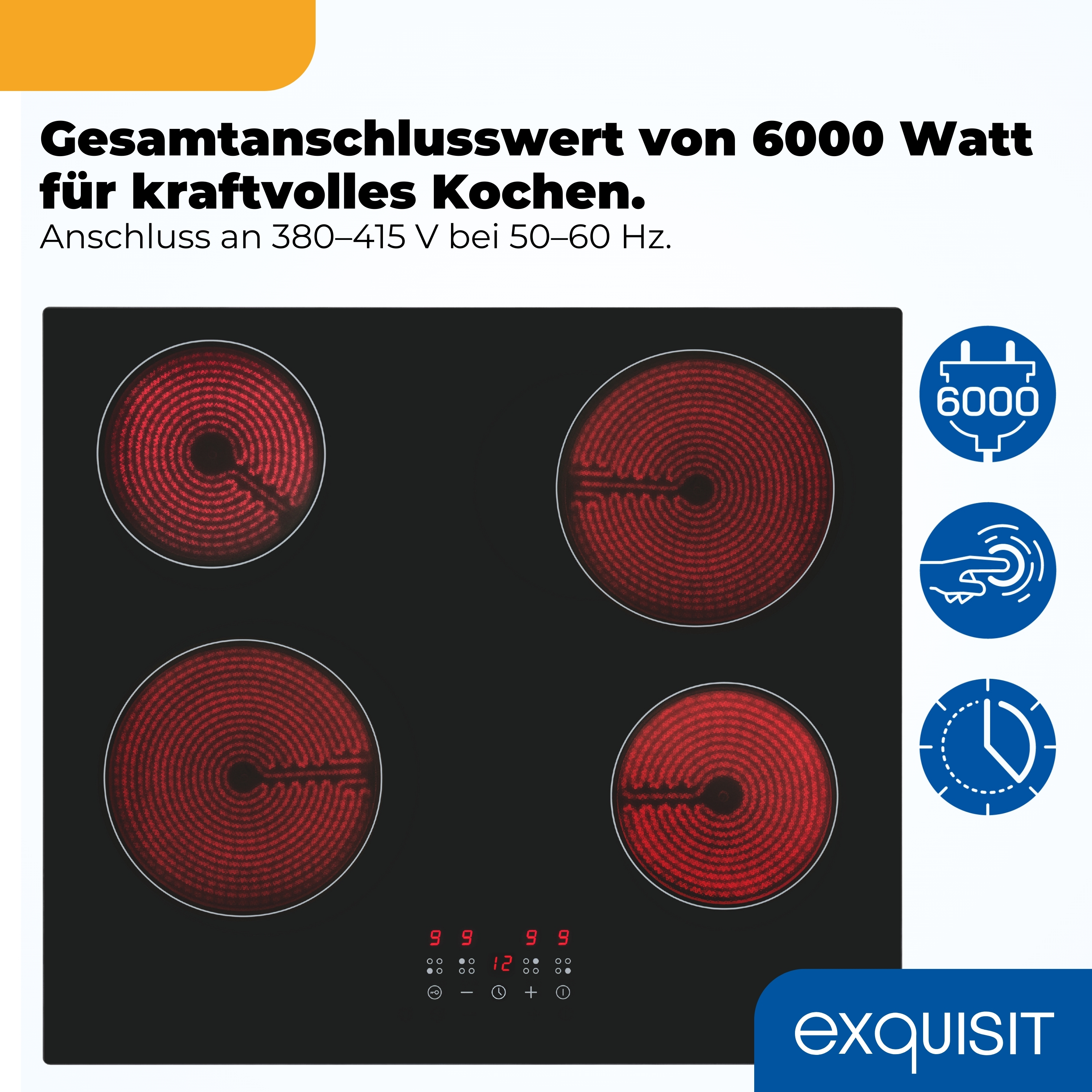Ein schwarzes Kochfeld mit vier roten Heizzonen und digitaler Anzeige.