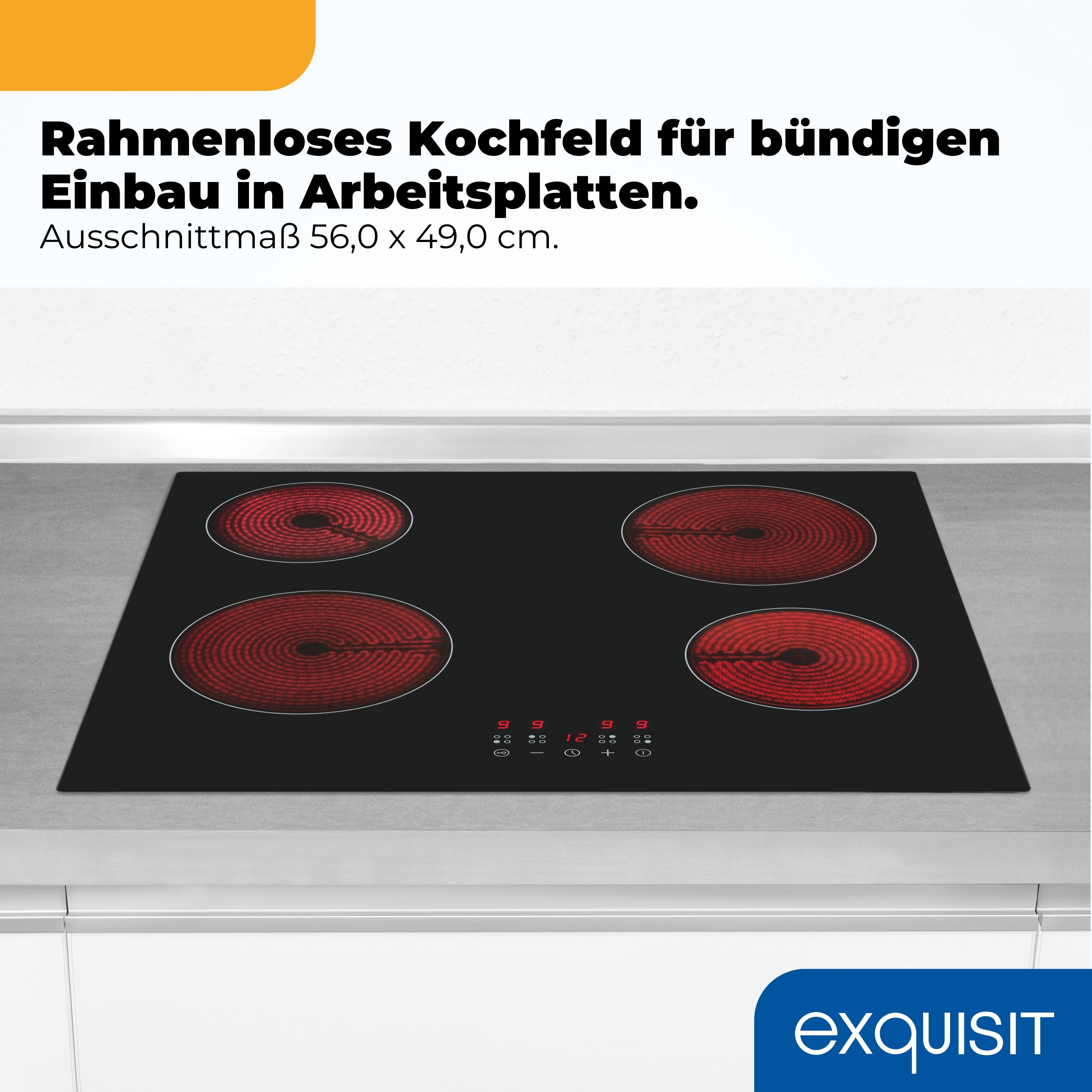 Ein rahmenloses Kochfeld mit vier roten Spiralheizzonen und digitaler Anzeige.