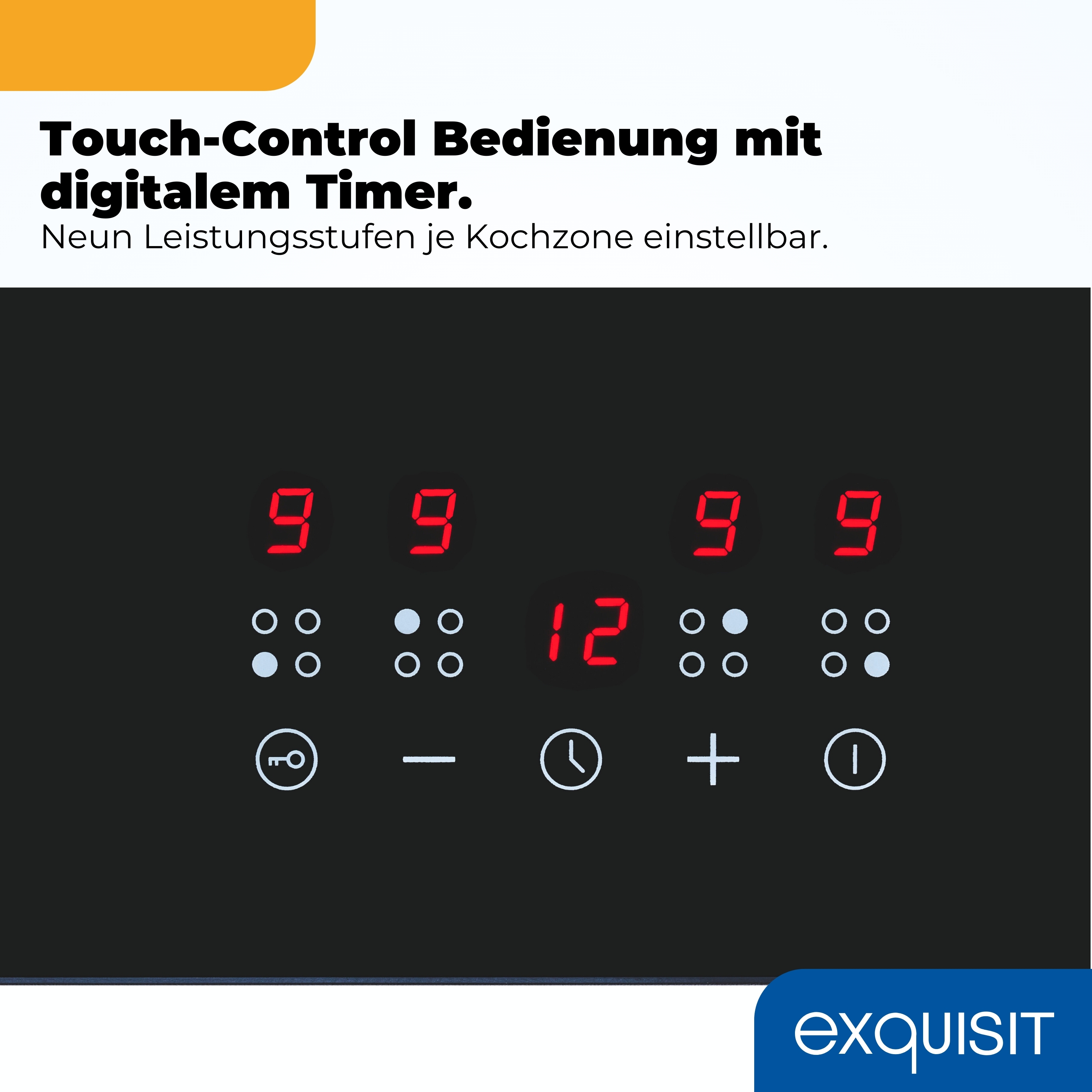 Ein Touch-Bedienfeld mit roten Digitalanzeigen für Kochzonen und Timer.