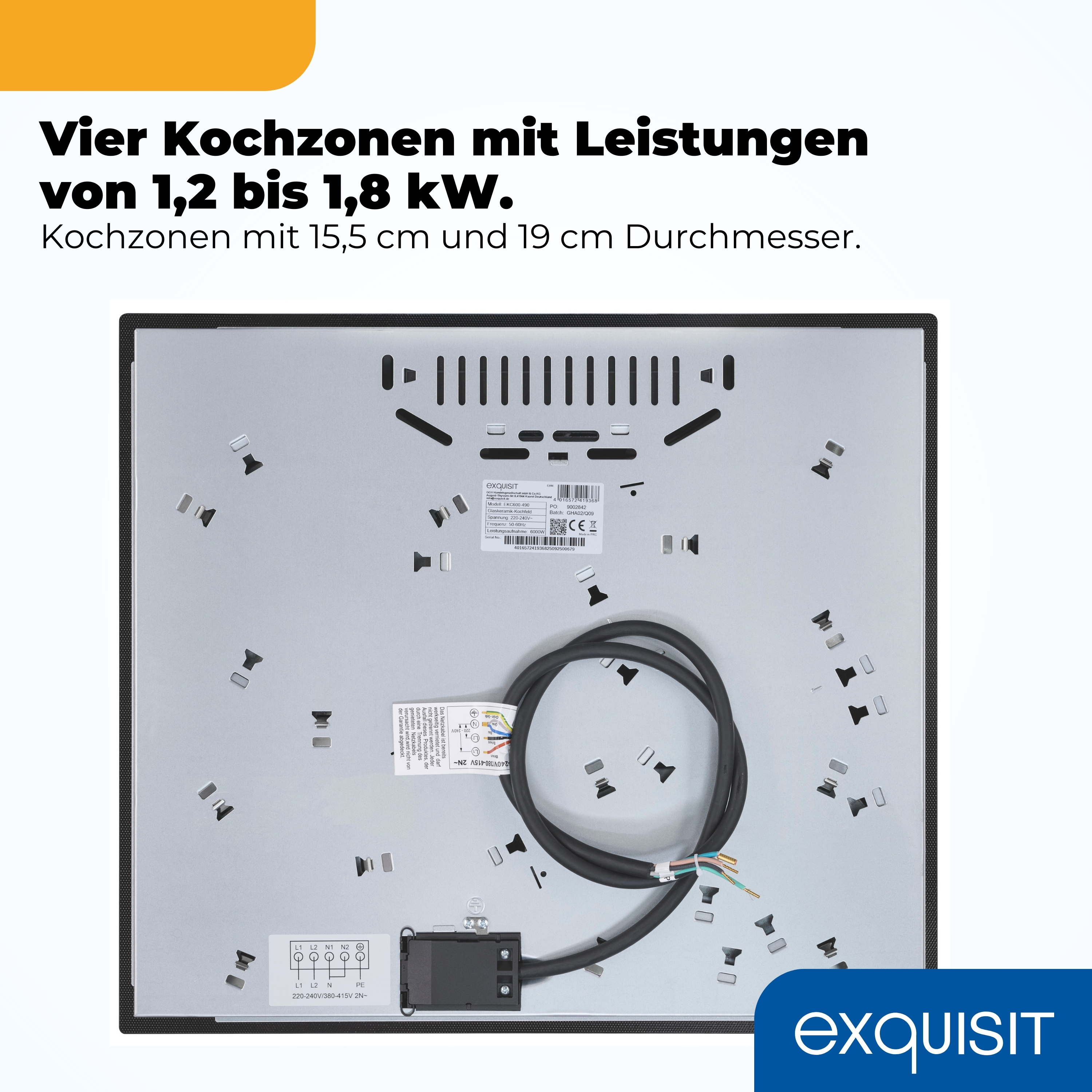 Rückseite eines Kochfelds mit Kabeln und technischen Informationen.
