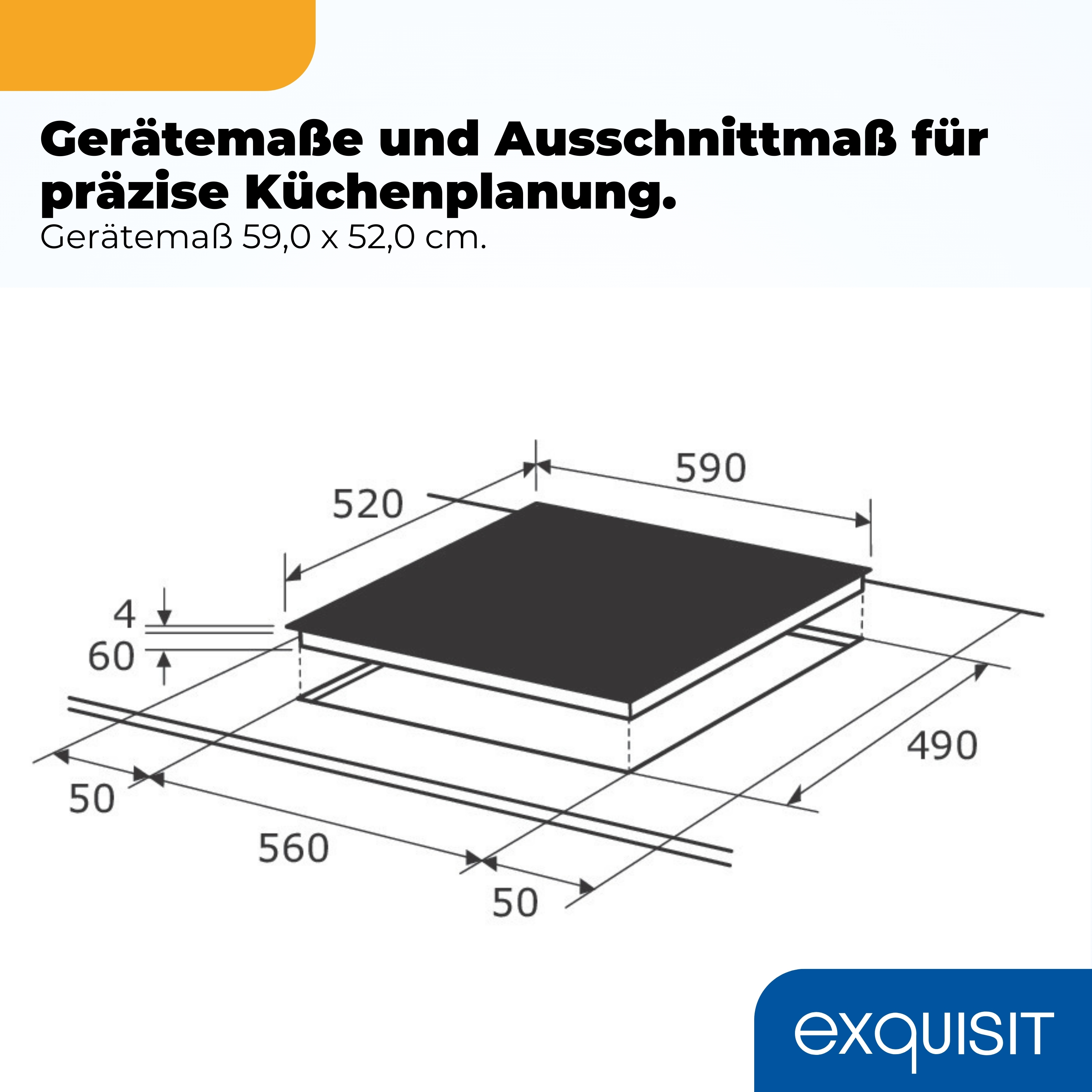 Technische Zeichnung eines Kochfelds mit Maßen 590x520mm.