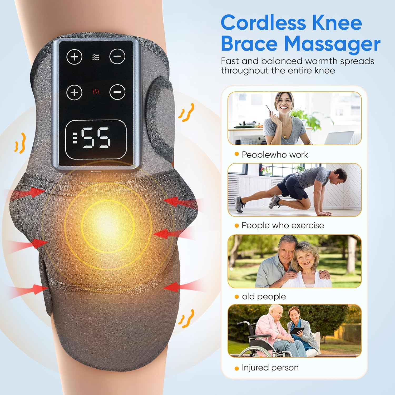 Ein Knie-Massagegerät mit Display und roten Pfeilen, die Wärme anzeigen.