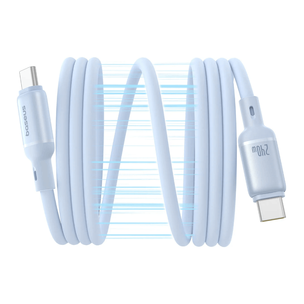 Un cavo USB-C azzurro con due connettori su sfondo bianco.