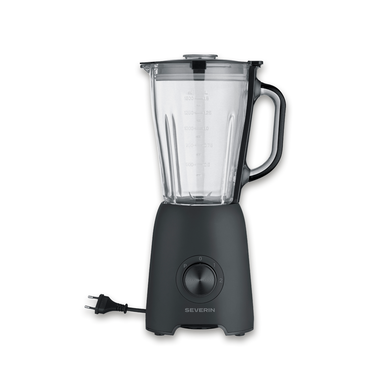Schwarzer Severin Standmixer mit Glaskrug und Kabel, auf grünem Hintergrund.