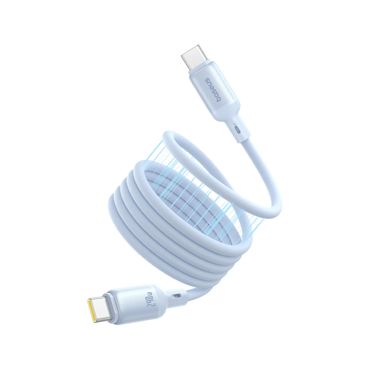 Un cavo USB-C azzurro avvolto con raggi di luce blu che emanano dal centro.