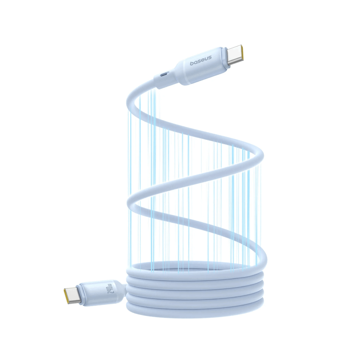 Un cavo USB-C bianco con logo Baseus a spirale attorno a linee blu.