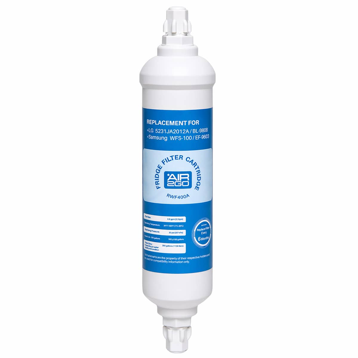 Weißer Kühlschrankwasserfilter, Modell RWF400A, mit blauem Etikett, das kompatible Modelle auflistet.