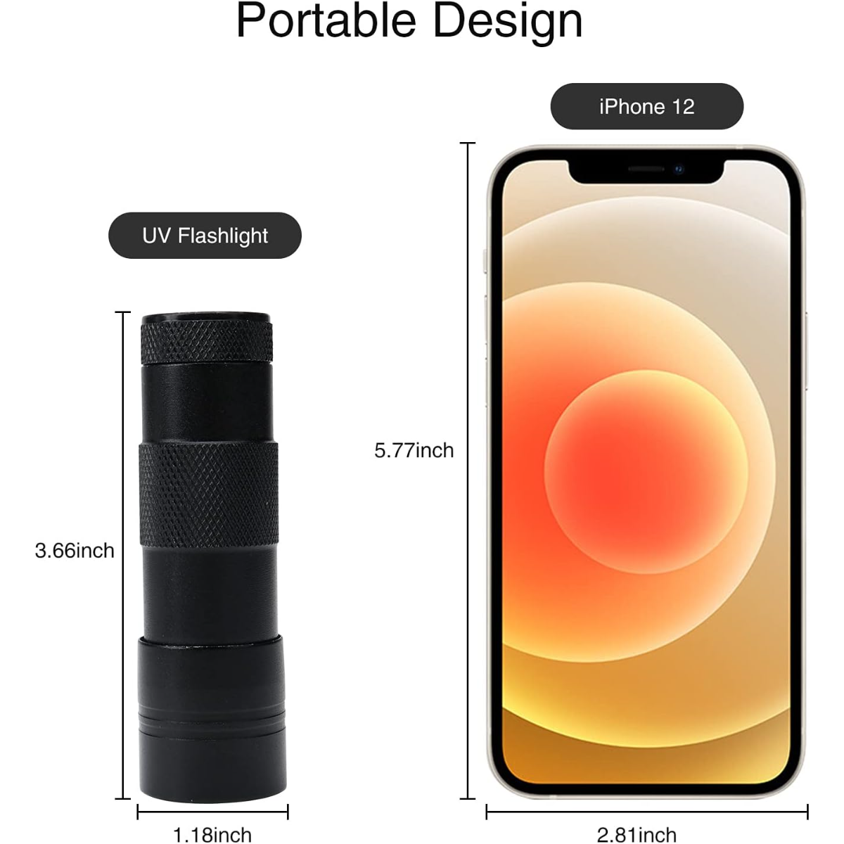 Eine schwarze UV-Taschenlampe (3,66 Zoll) wird neben einem iPhone 12 (5,77 Zoll) gezeigt.