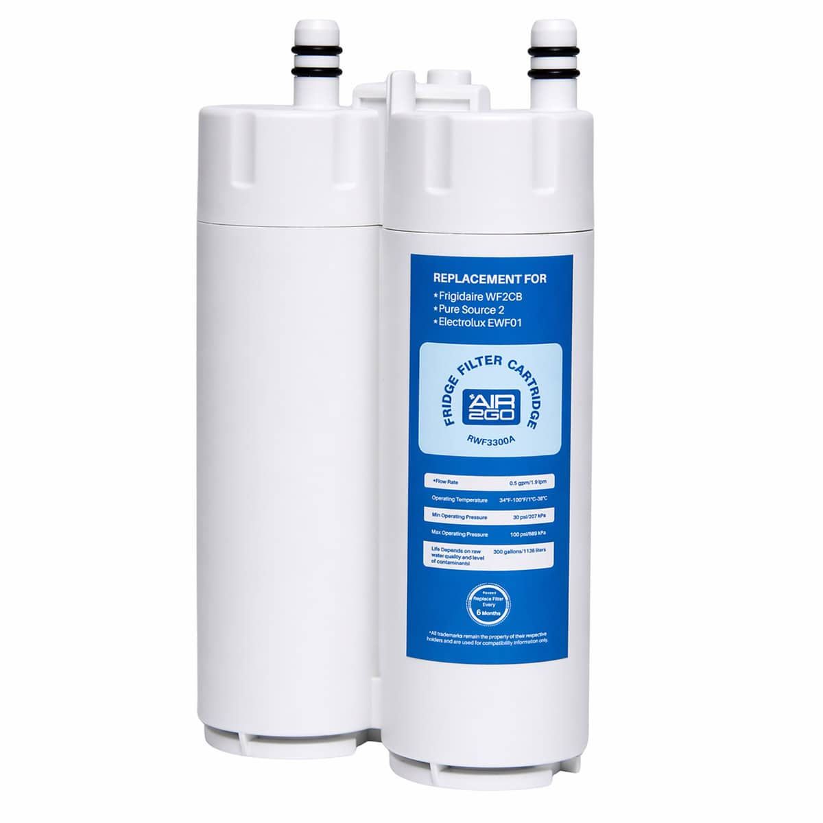 Ein weißer Kühlschrank-Wasserfilter mit blauer Beschriftung.