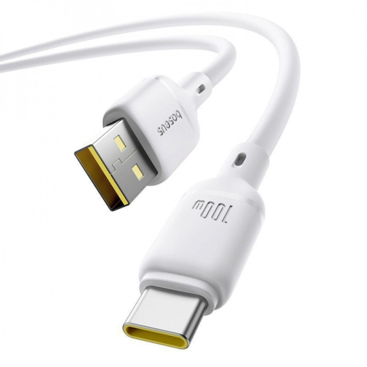 Un cavo da USB-A a USB-C bianco con accenti gialli sui connettori.