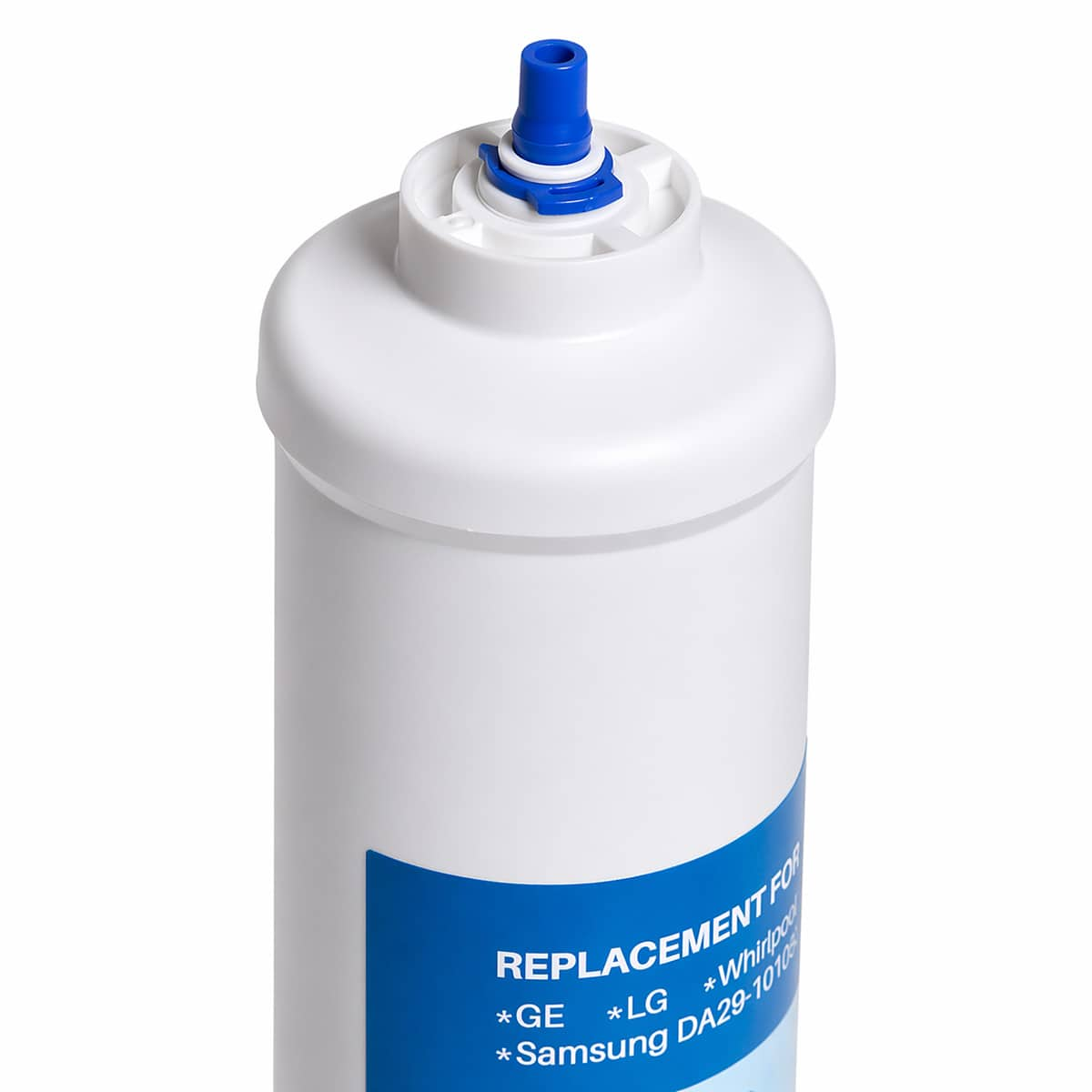 Ein weißer Wasserfilter mit blauem Anschlussstück und Beschriftung.