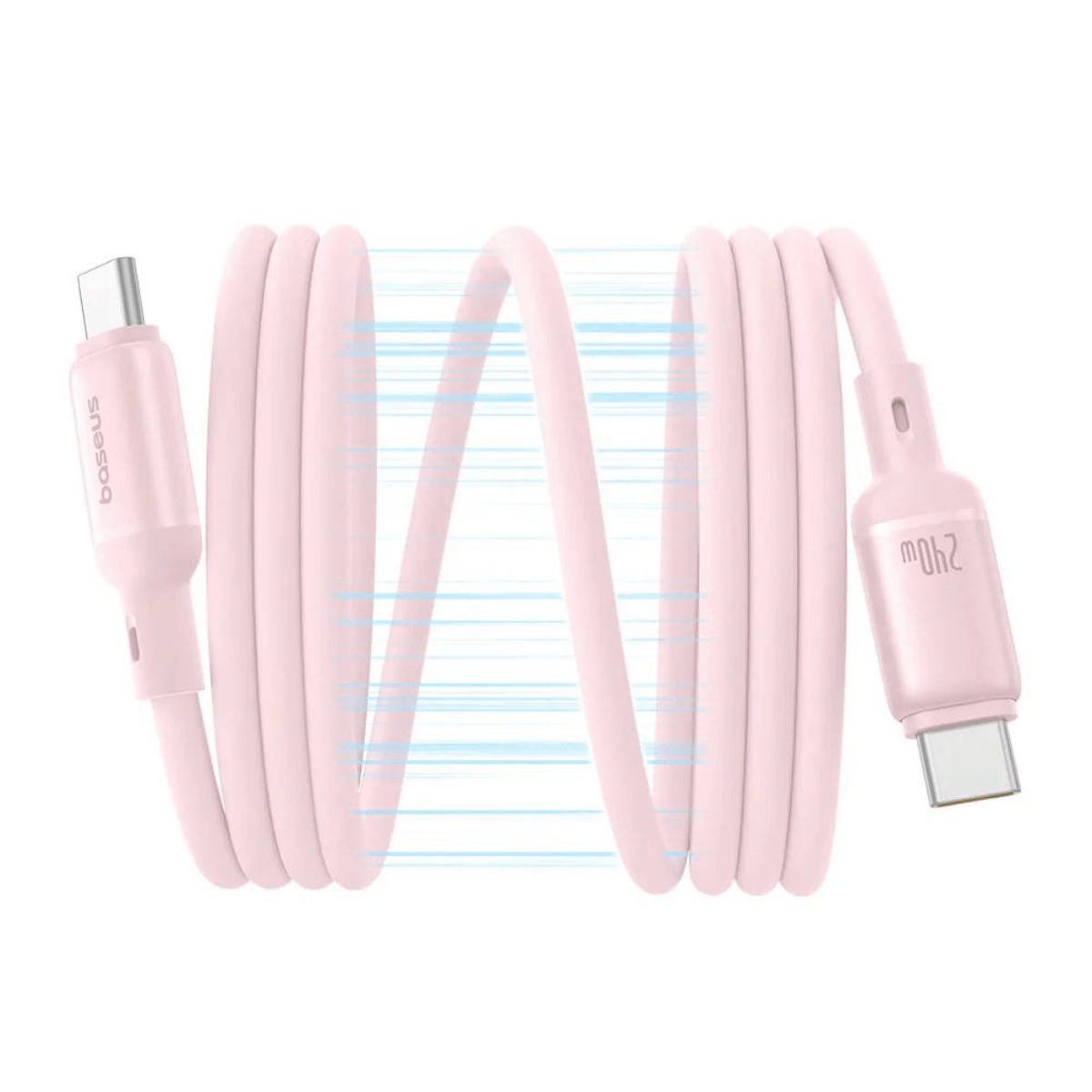 Un cavo USB-C rosa con logo Baseus e indicazione 240W.