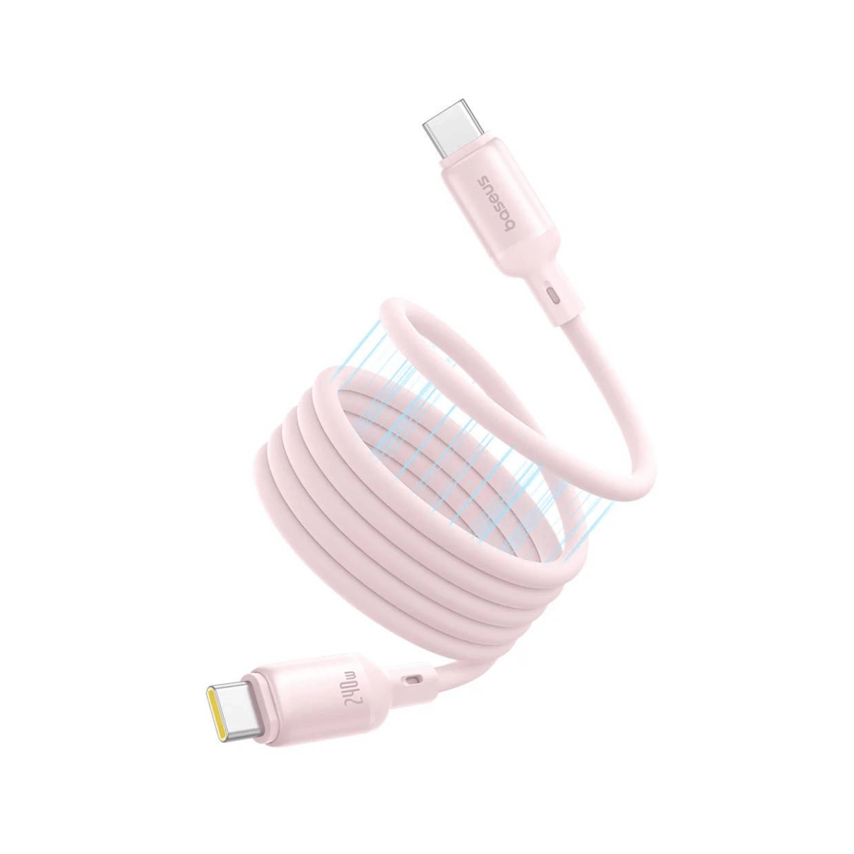 Un cavo USB-C rosa arrotolato con marcatura 240W e logo Baseus.