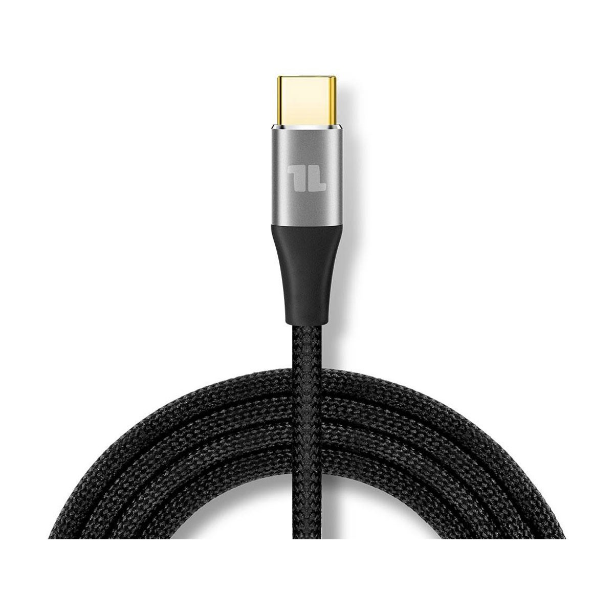 Un cavo USB-C nero con connettore dorato e alloggiamento argentato.