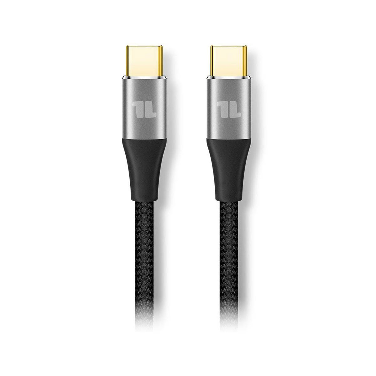 Due cavi USB-C con connettori dorati e custodie grigie.