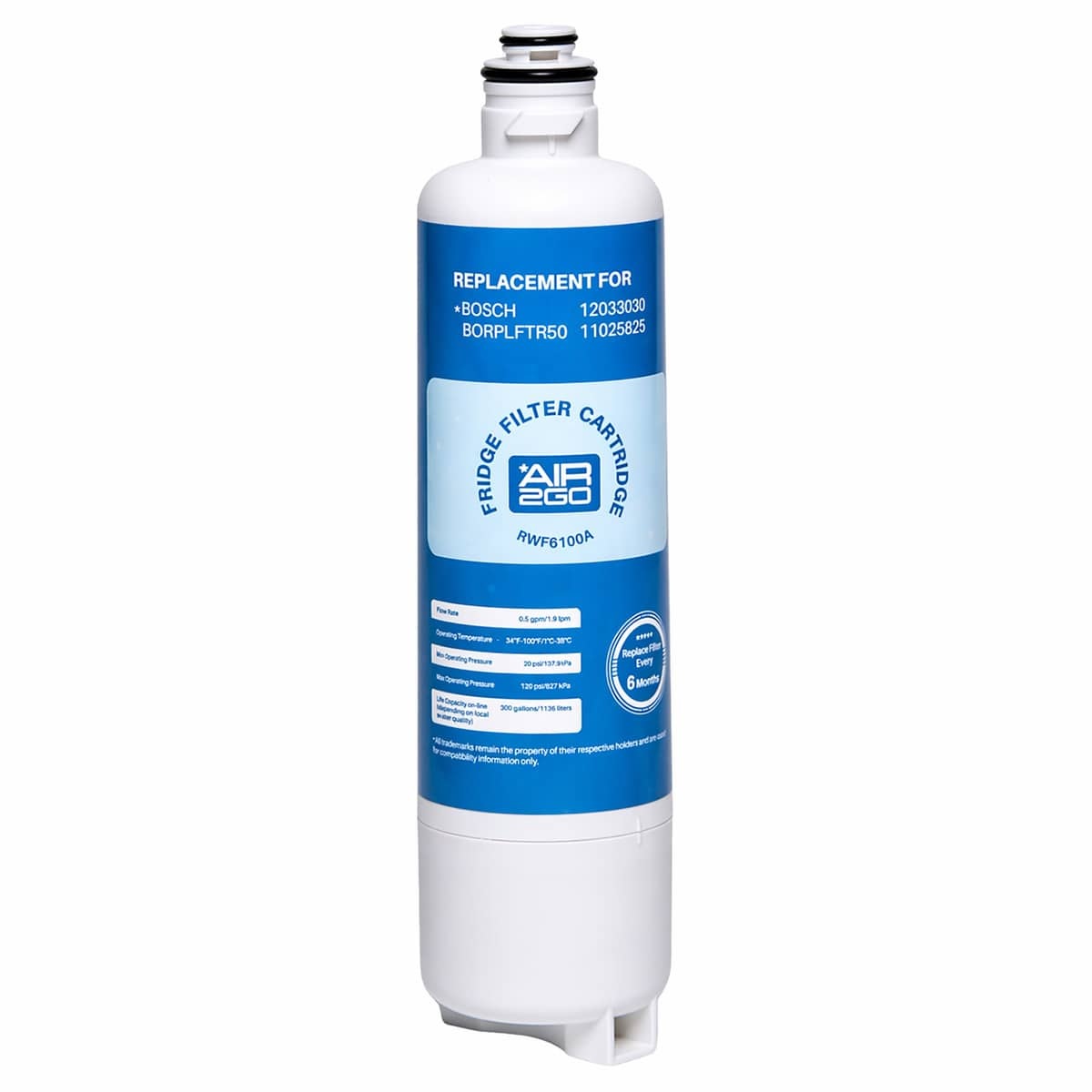 Ein weißer Kühlschrankfilter mit blauem Etikett, Modell RWF6100A.