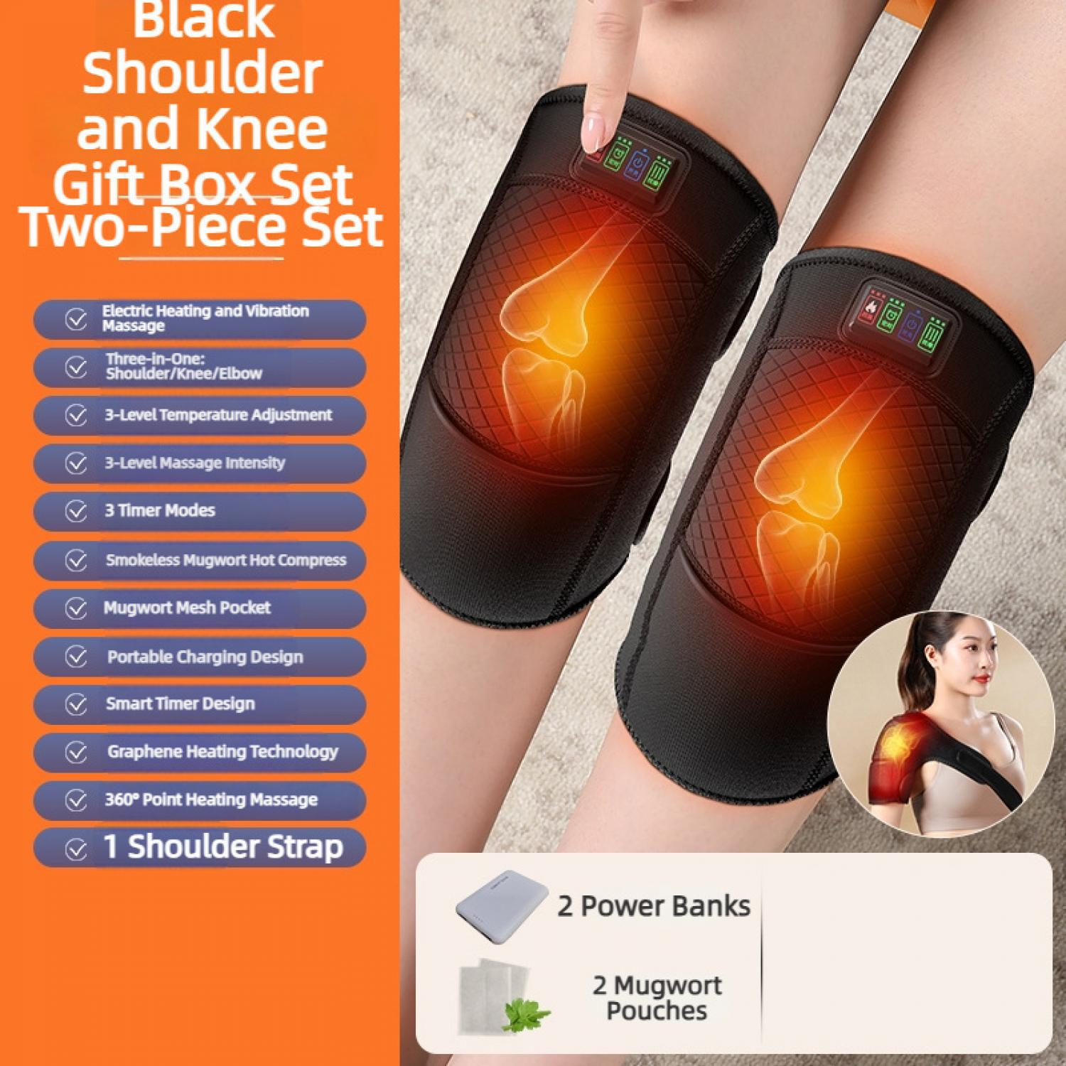 Schwarze Heizkissen für Schulter und Knie mit Vibrationsmassage und drei Intensitätsstufen.