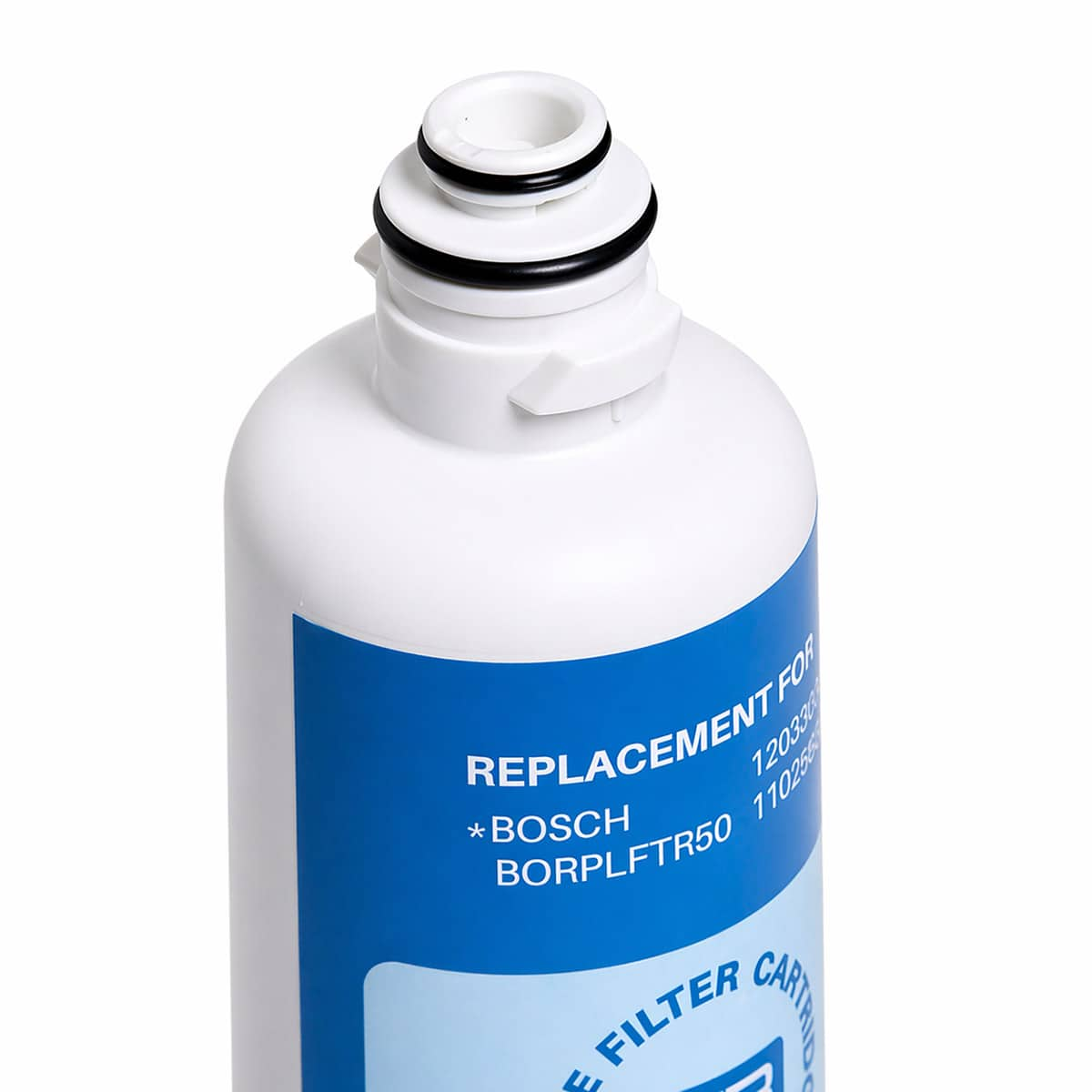 Weißer Wasserfilter mit blauem Etikett: Ersatz für Bosch BORPLFTR50.