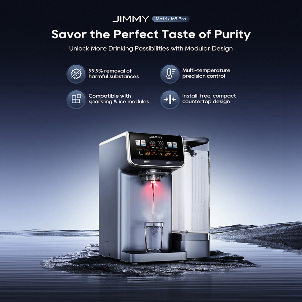 JIMMY Matrix M9 Pro Wasserspender mit Digitalanzeige, füllt ein Glas.