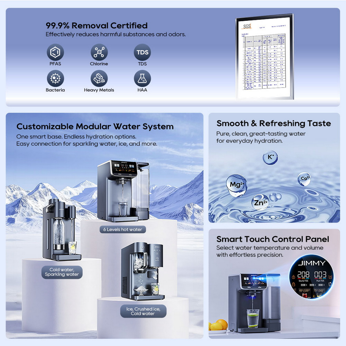 Wasserfiltersystem mit drei Modulen: Sprudelwasser, 6 Stufen Heißwasser und Eis/Crushed Ice.